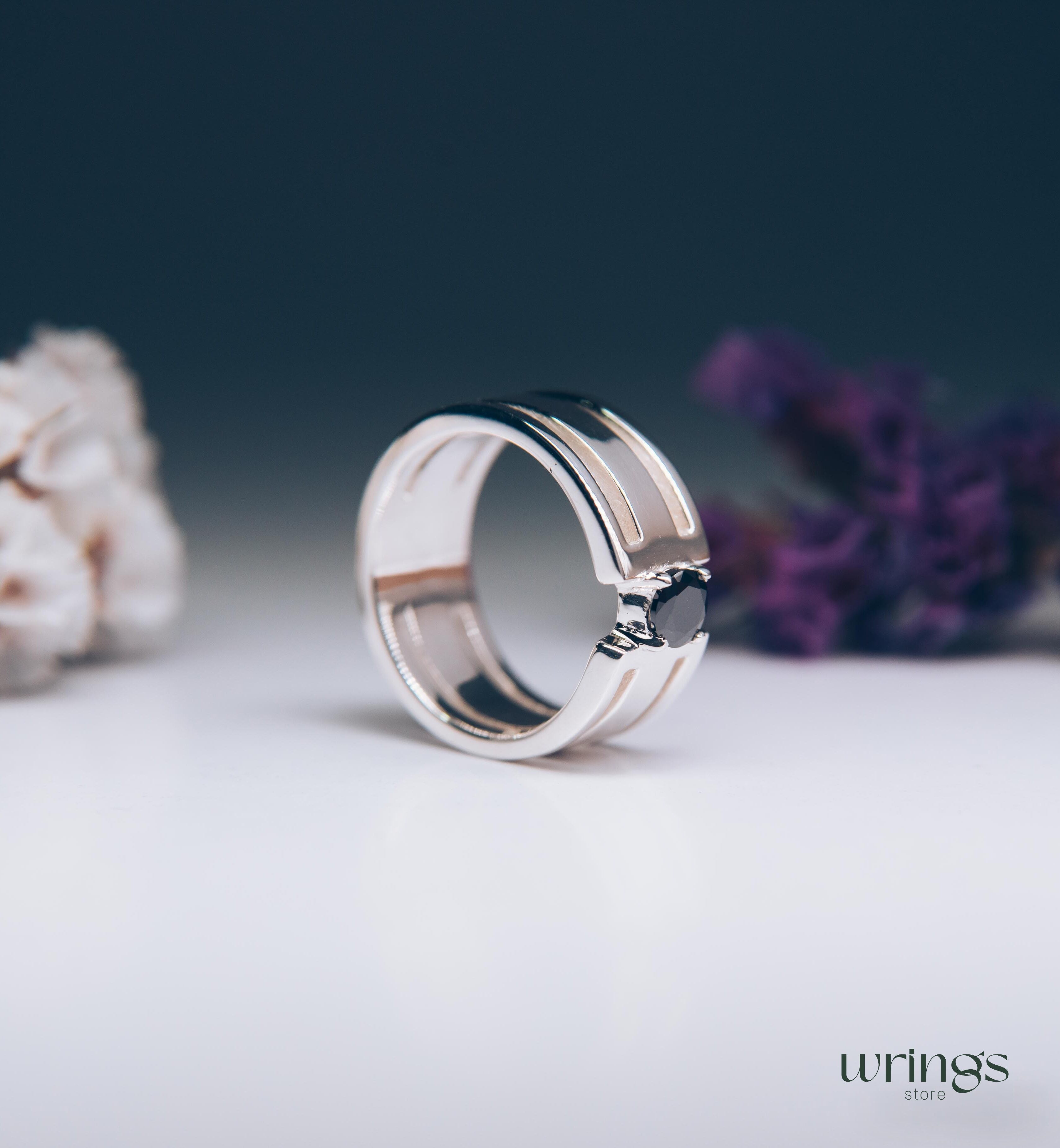 Round Black Diamond Silver Wide Band Engagement Ring