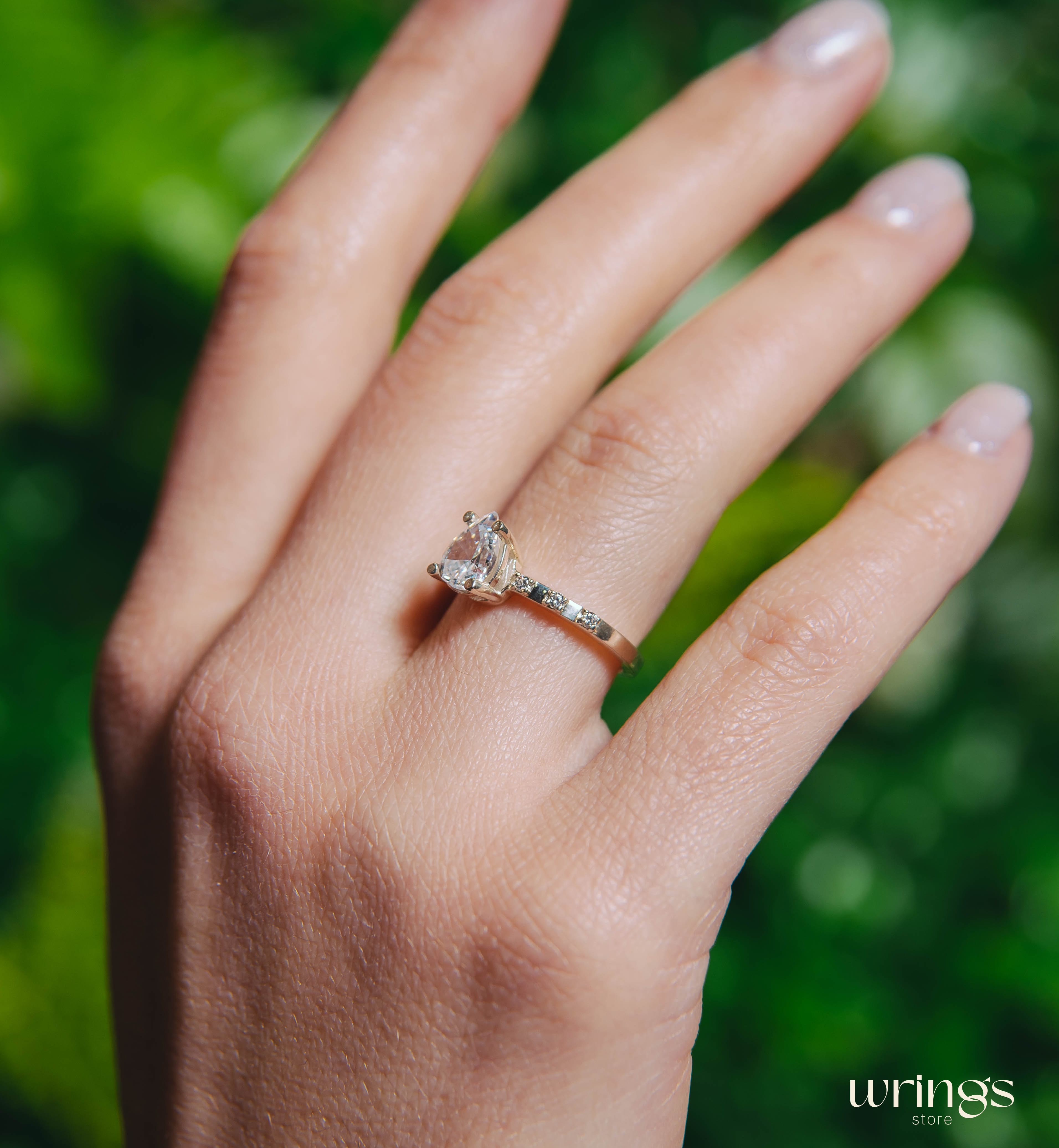 Large Pear Diamond CZ Engagement Ring with Side Stones