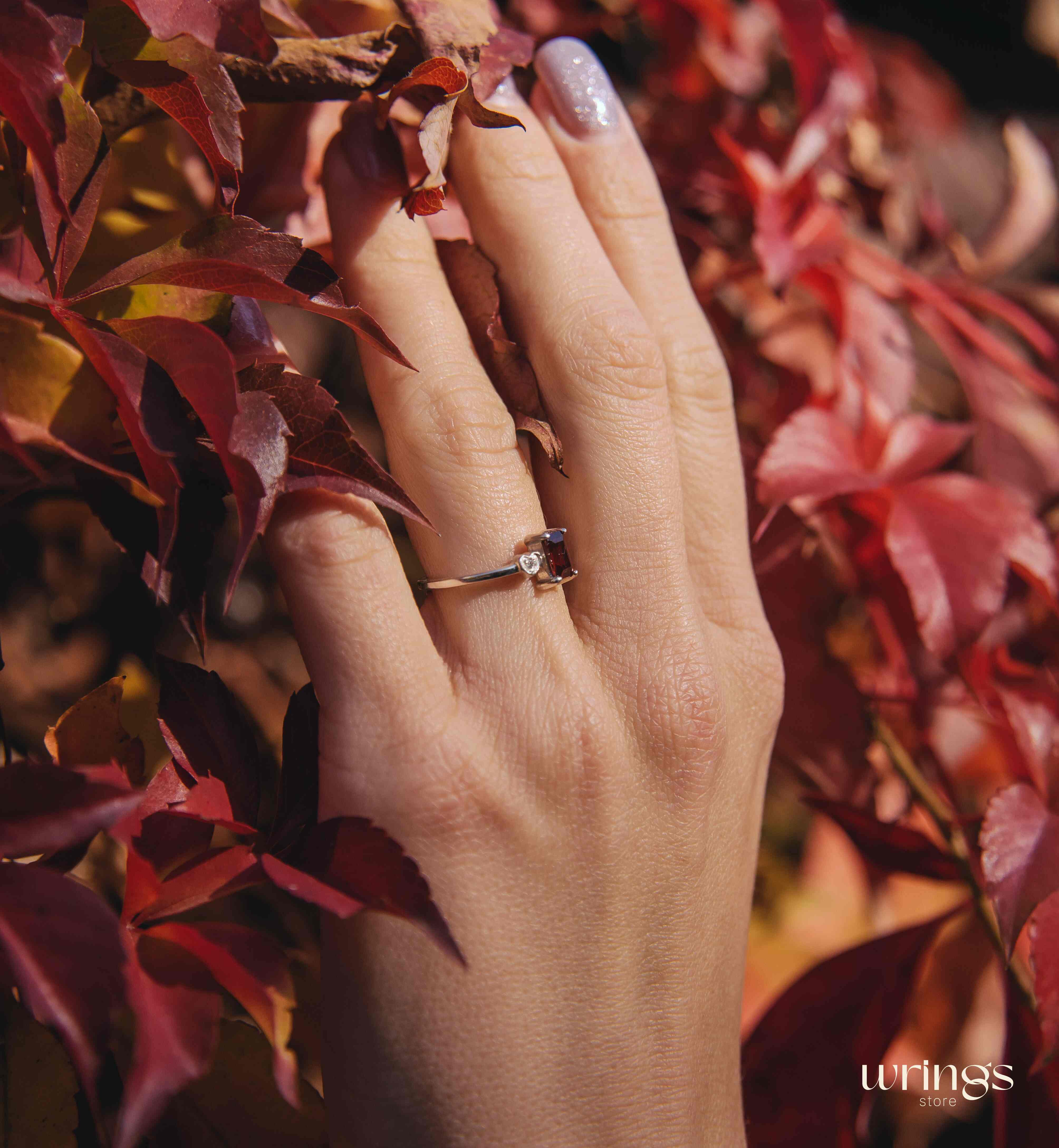 Silver Garnet Engagement Ring & Side Stone CZ in Heart