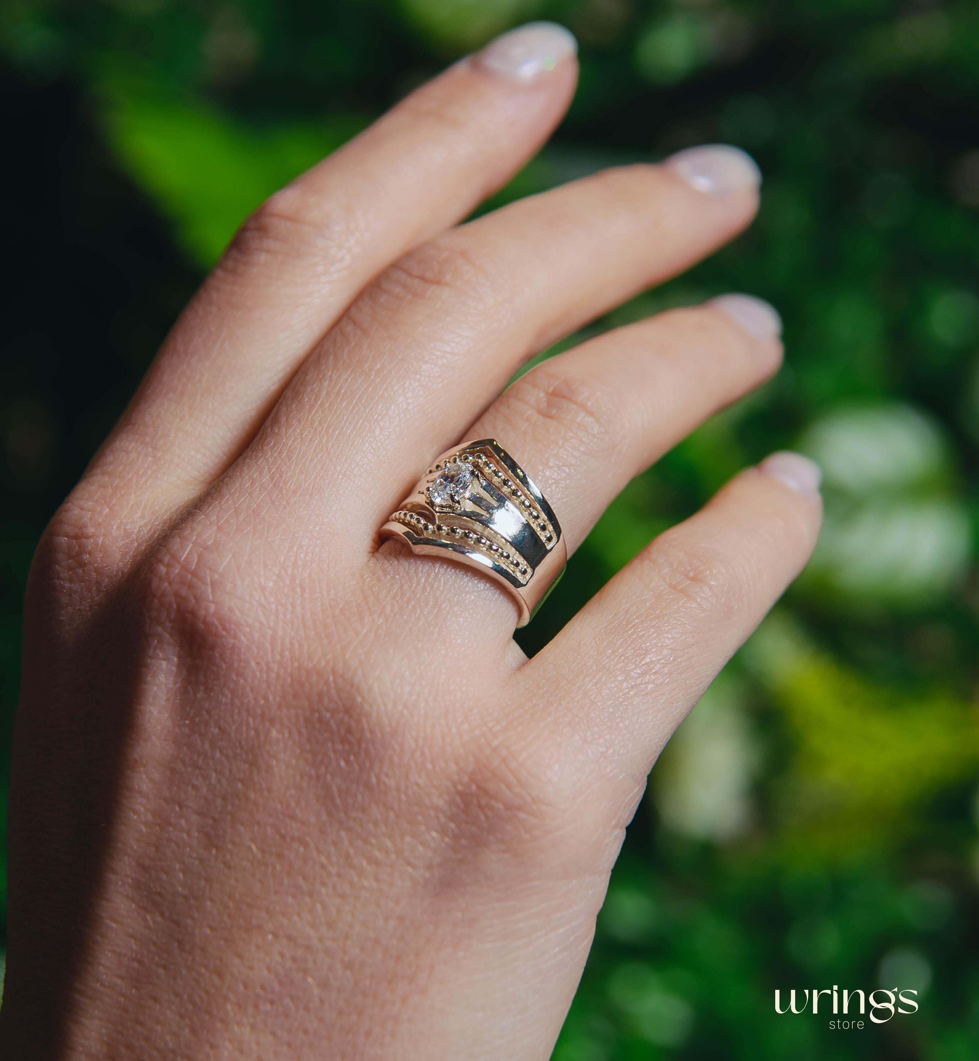 Extra Wide Beaded Chevron Cocktail Ring White Stone