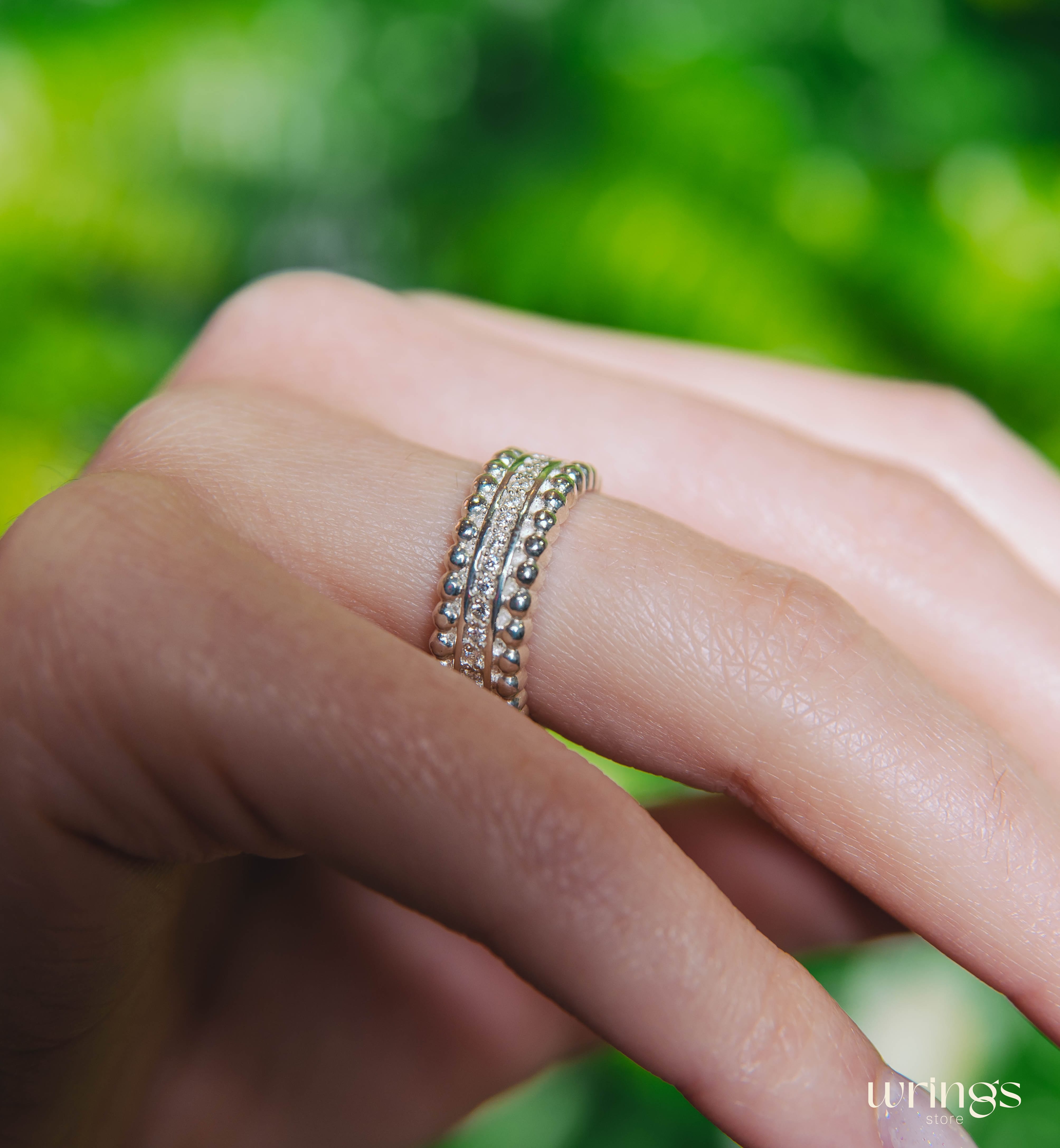 Unique Beaded Silver Half Eternity Band with Diamonds