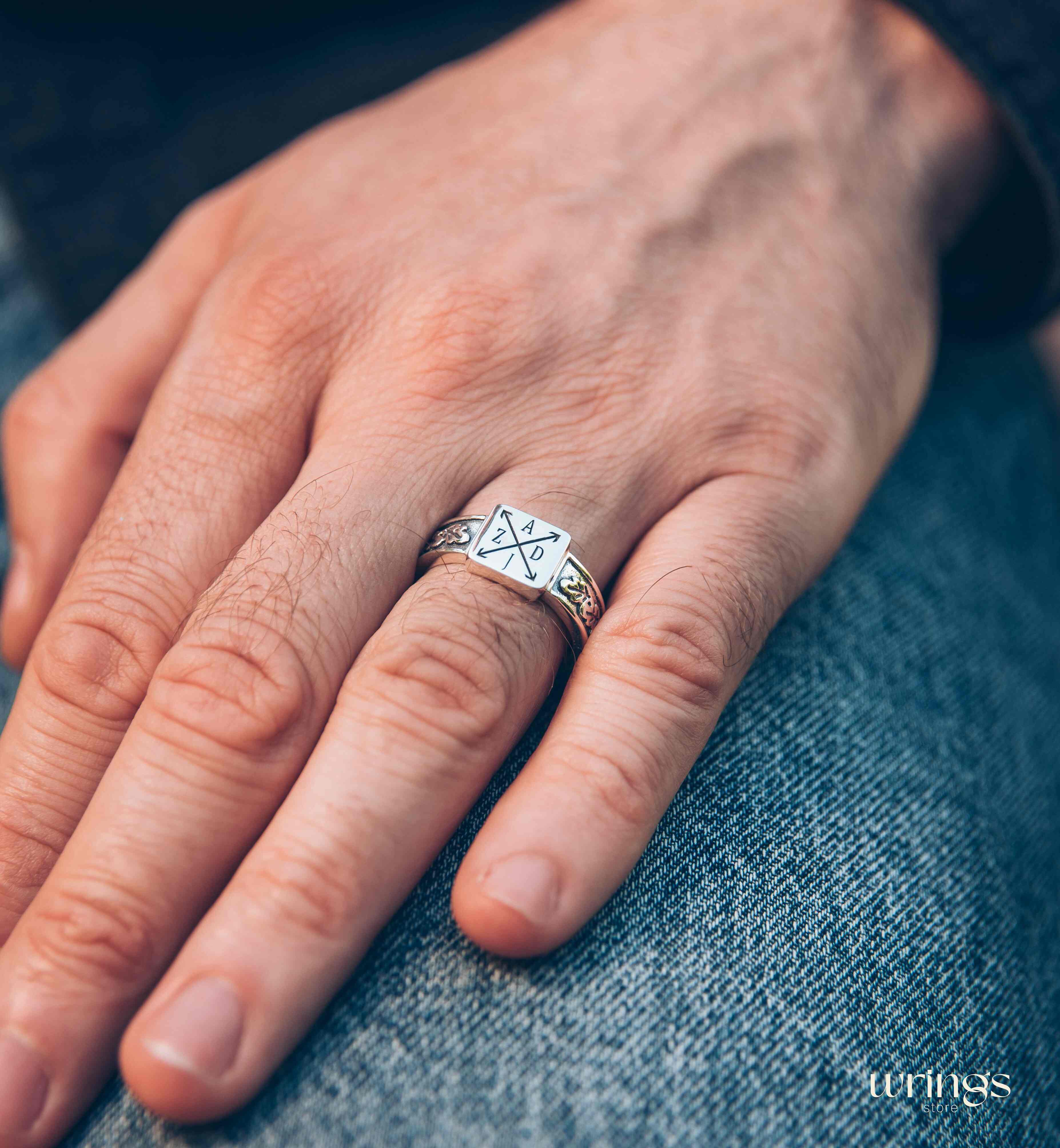Initials and Monogram Signet Ring Engraved Oak Leaves