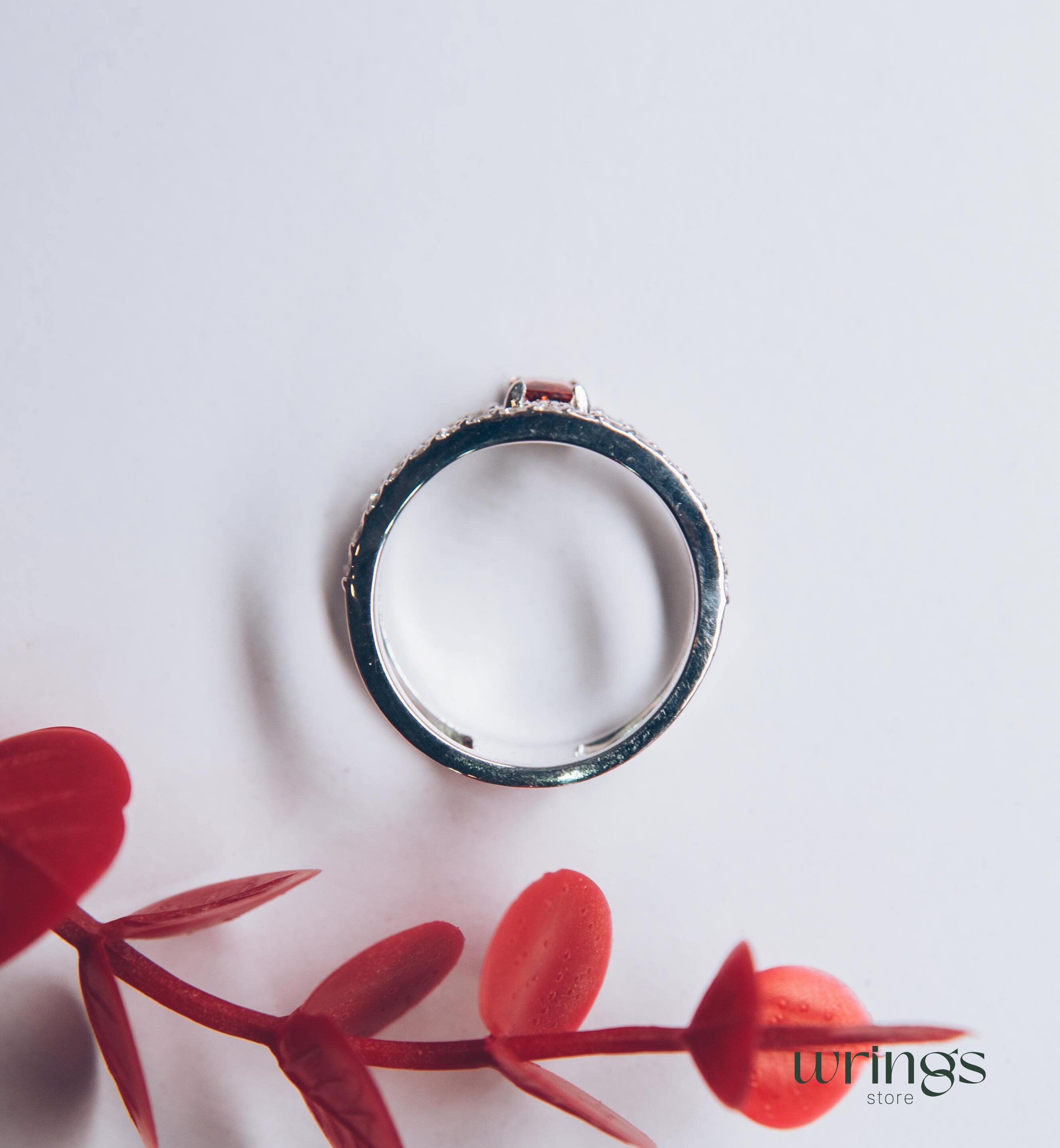 Garnet Two Band Engagement Ring Multiple CZ Stones