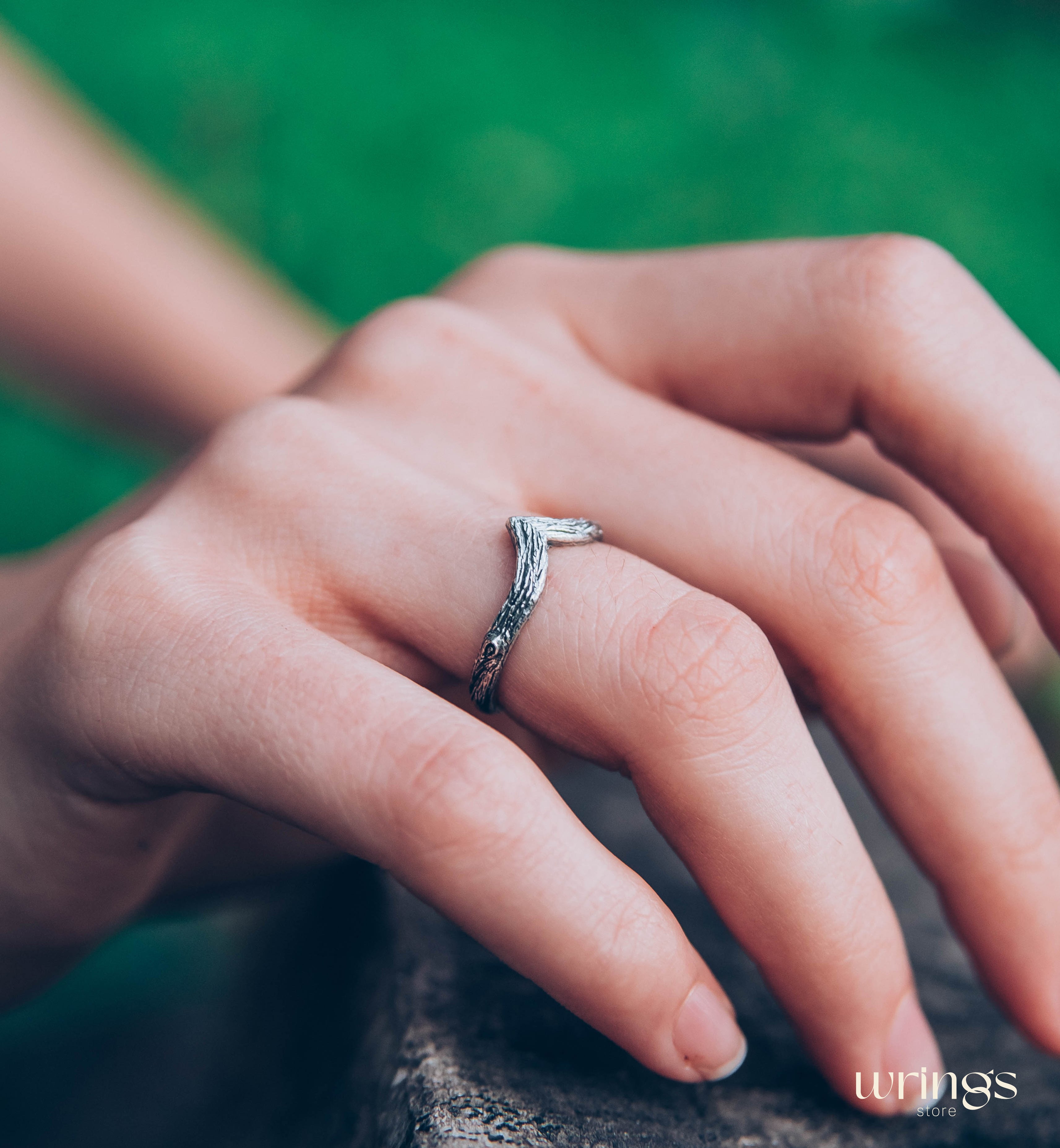 Tree bark Silver Simple Chevron Wedding Band