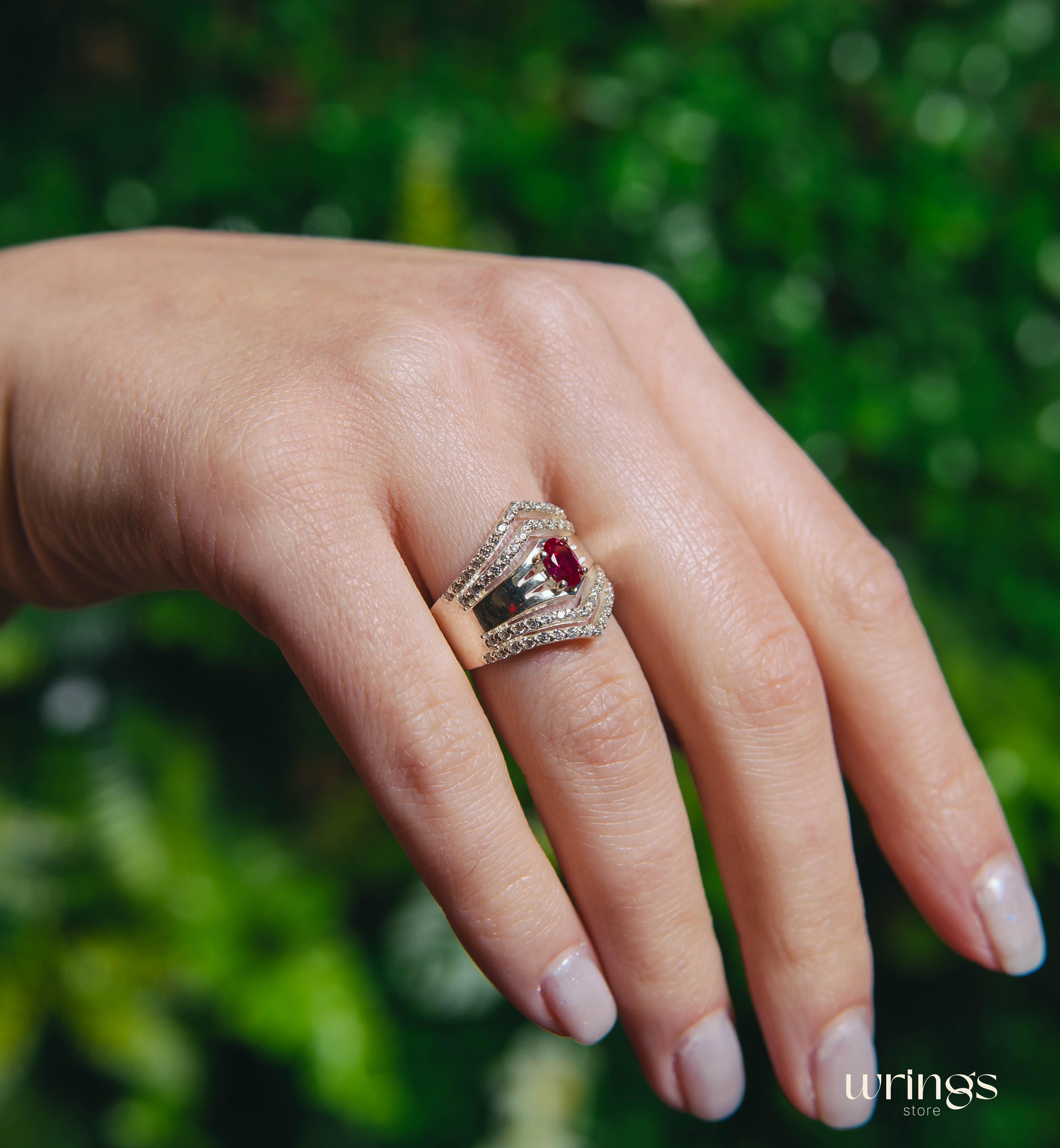 Extra Wide Silver Chevron Band Oval Ruby & Faux Diamonds