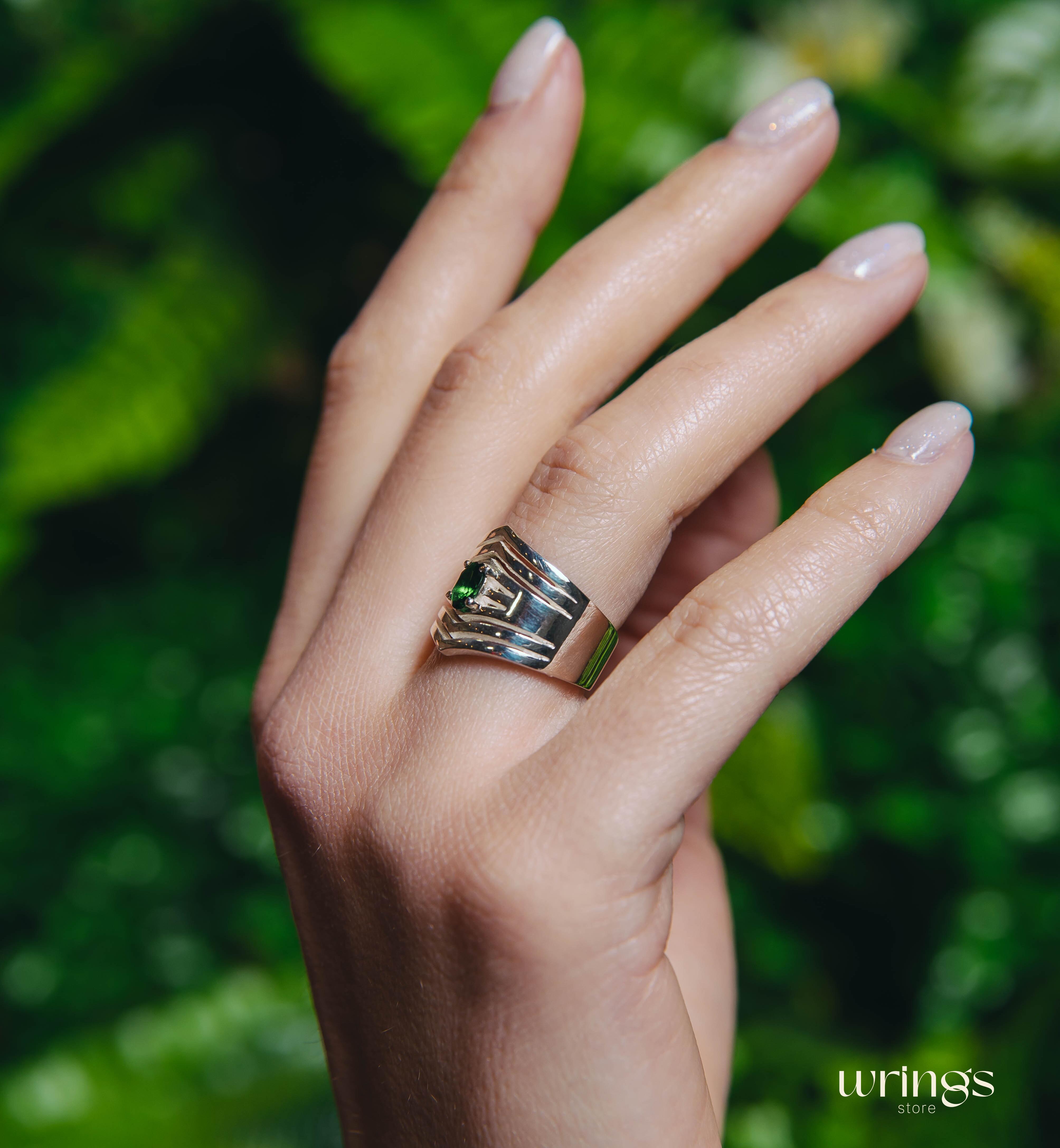 Wide Double Chevron Silver Band with LG Emerald