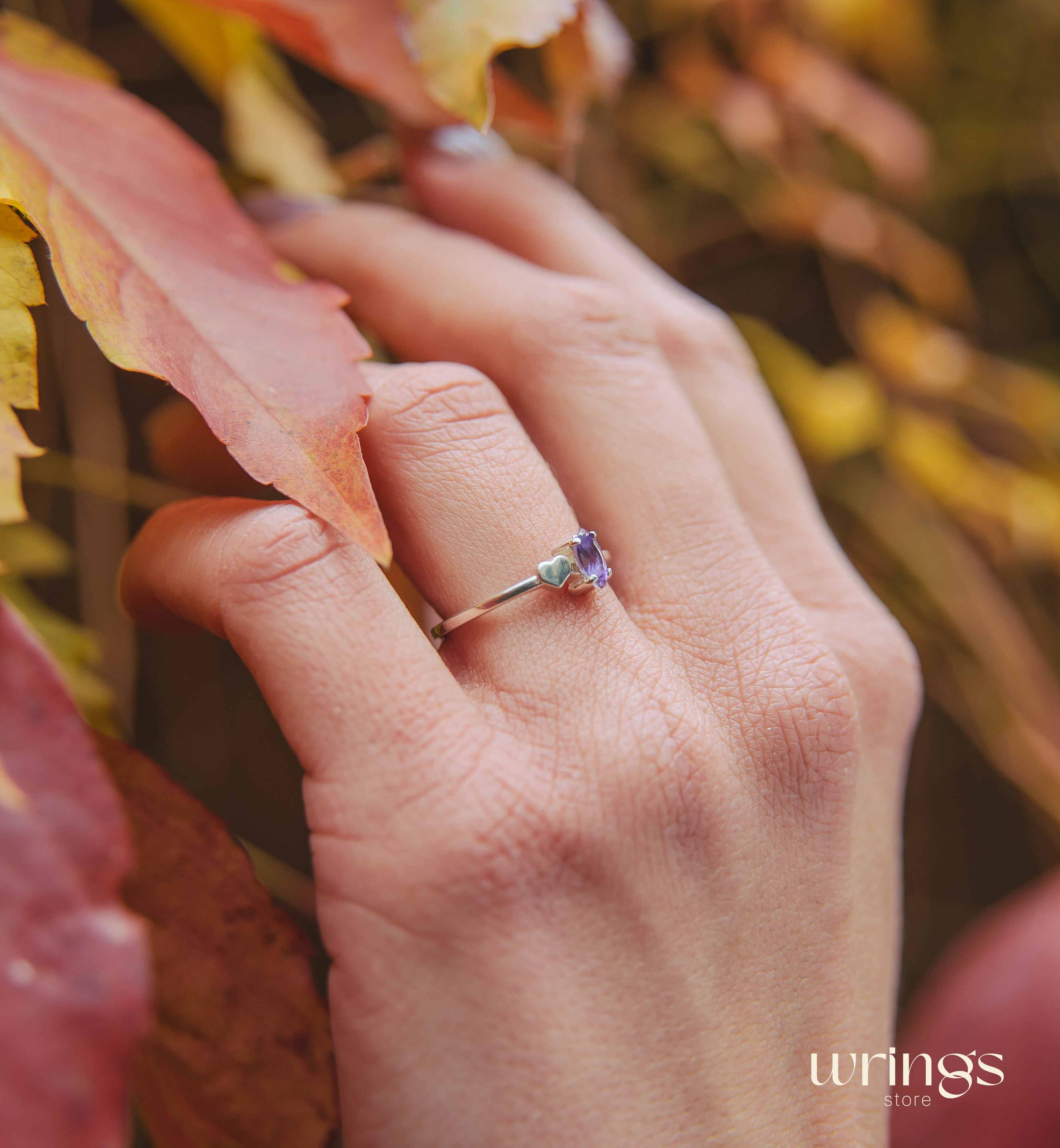 Marquise cut Amethyst Engagement Ring with Side Heart