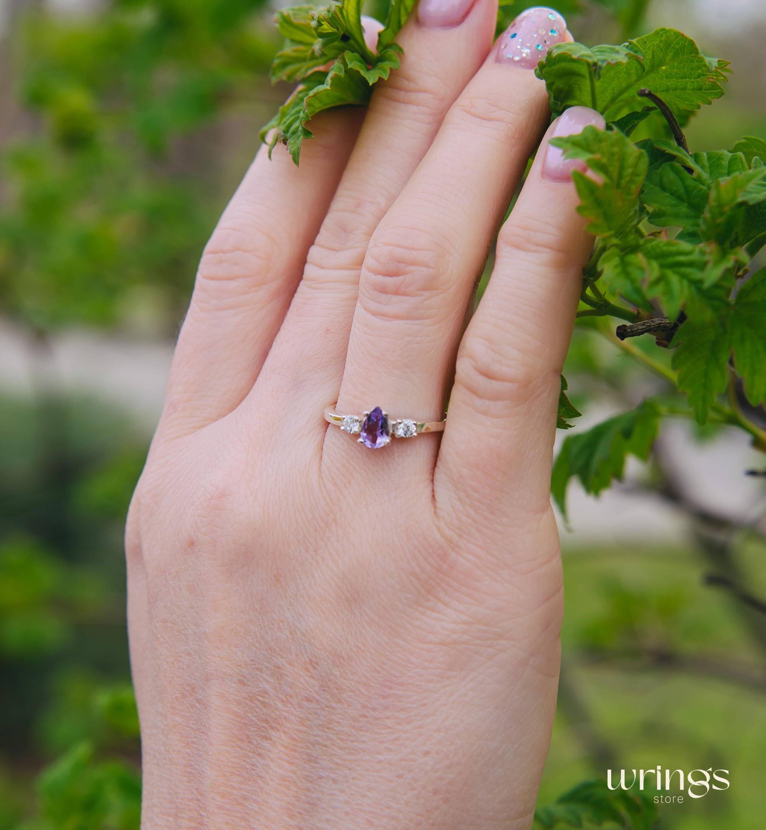 Central Pear cut Amethyst Three Stone Engagement Ring Silver