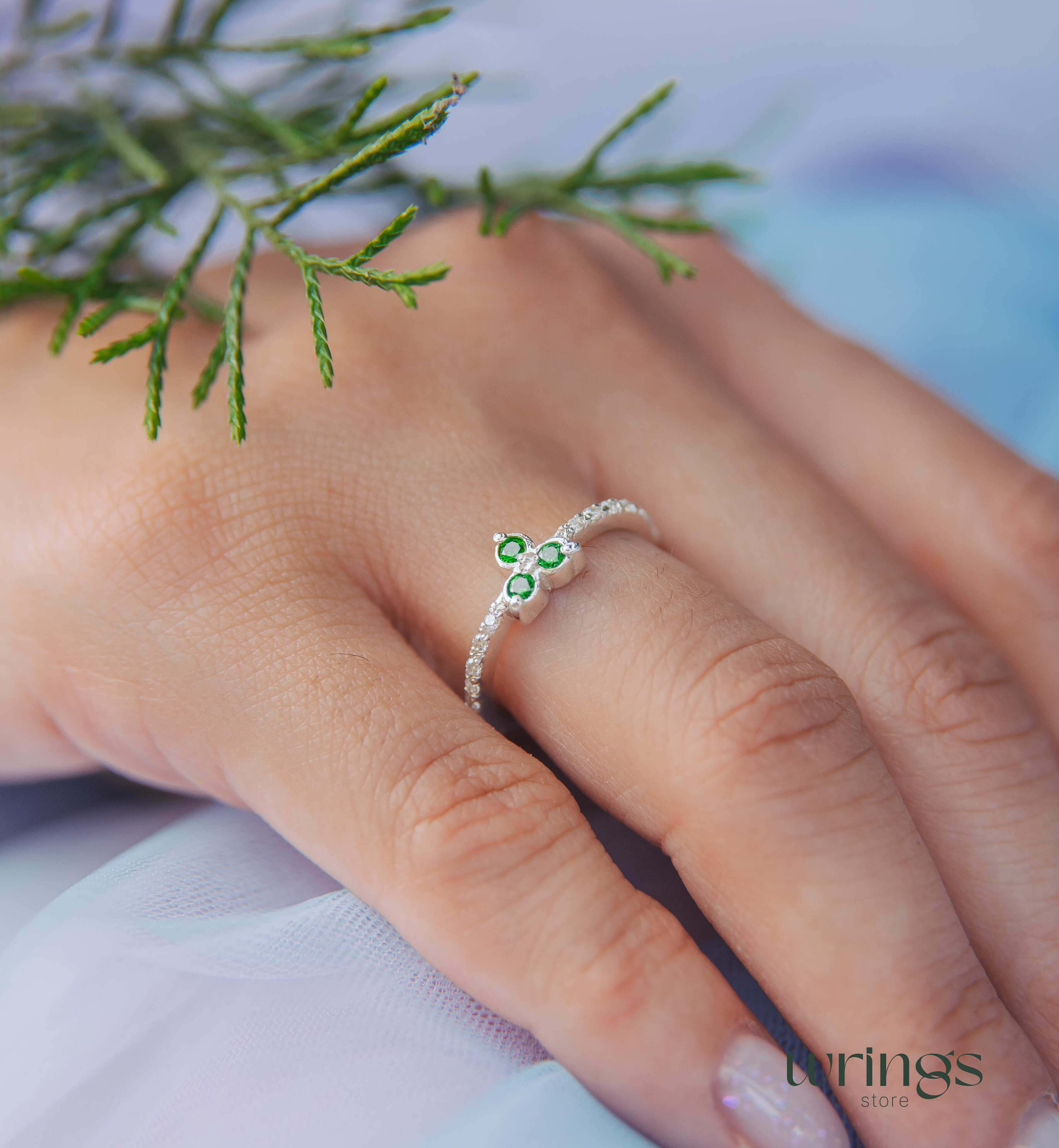 Natural Emerald Three Stone Wedding Ring with Sparkling CZ
