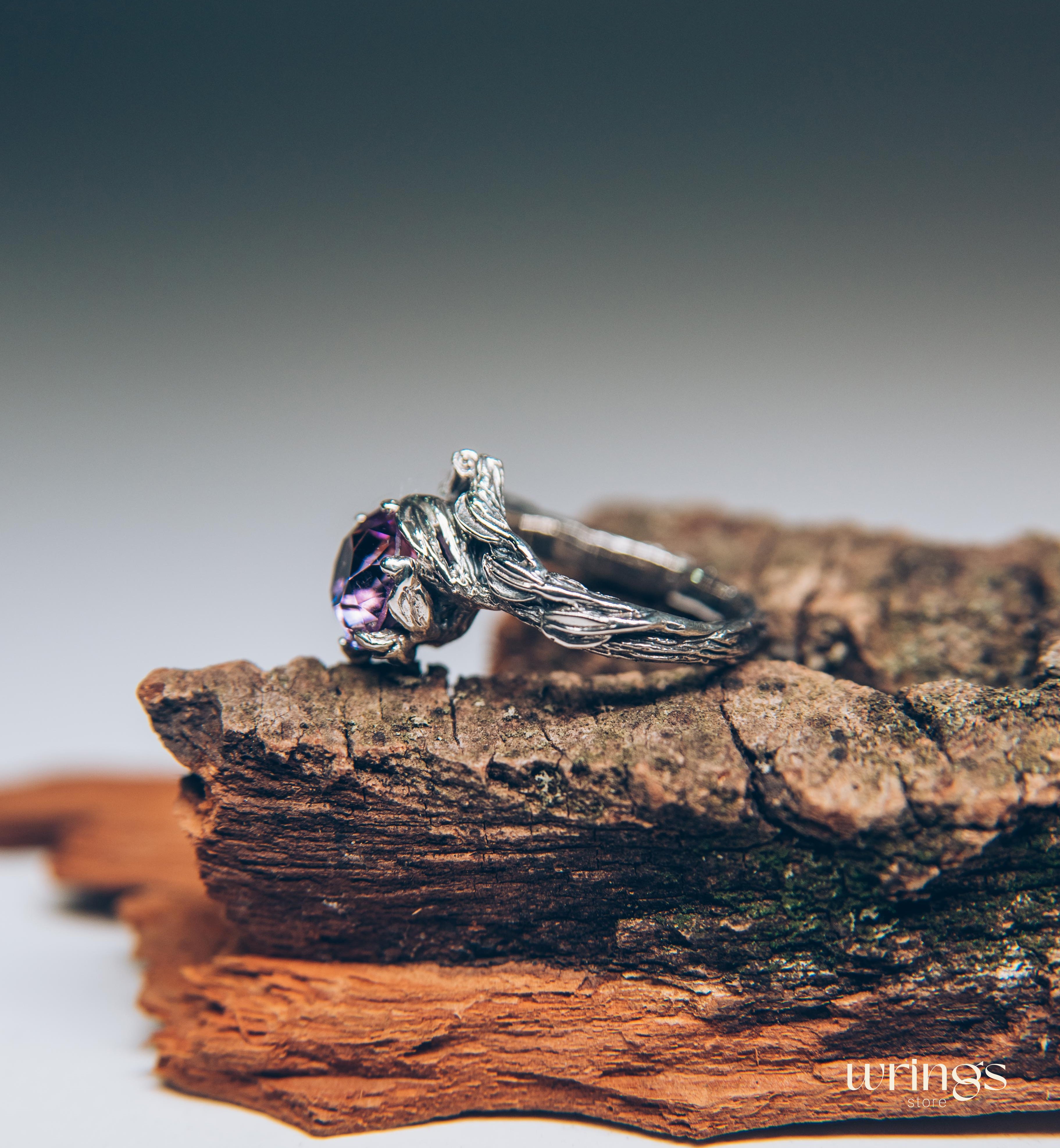 Big Amethyst Chevron Statement Ring & Leaves on a Silver Branch