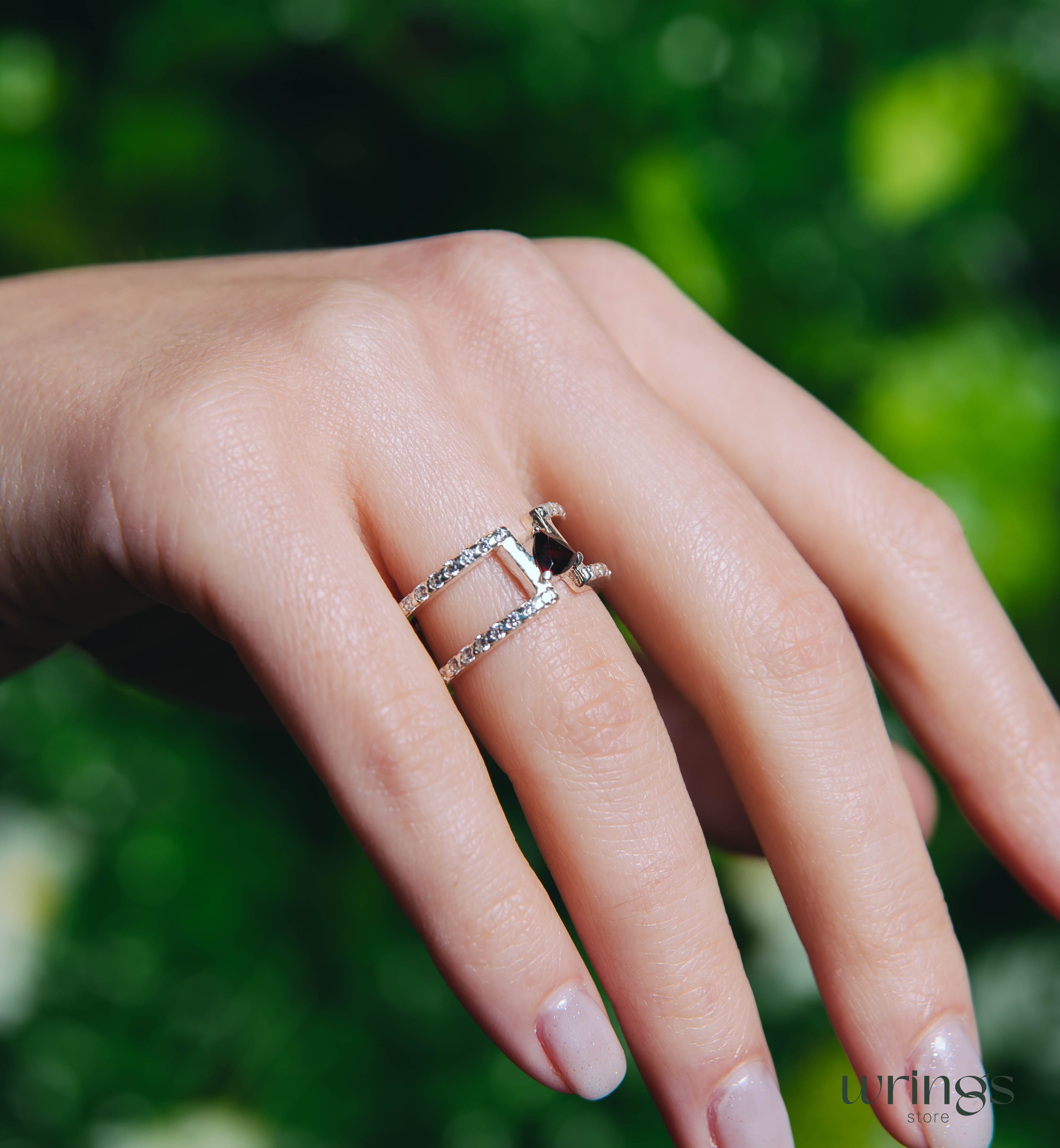 Trillion Garnet Unique Double Engagement Ring CZ Stones