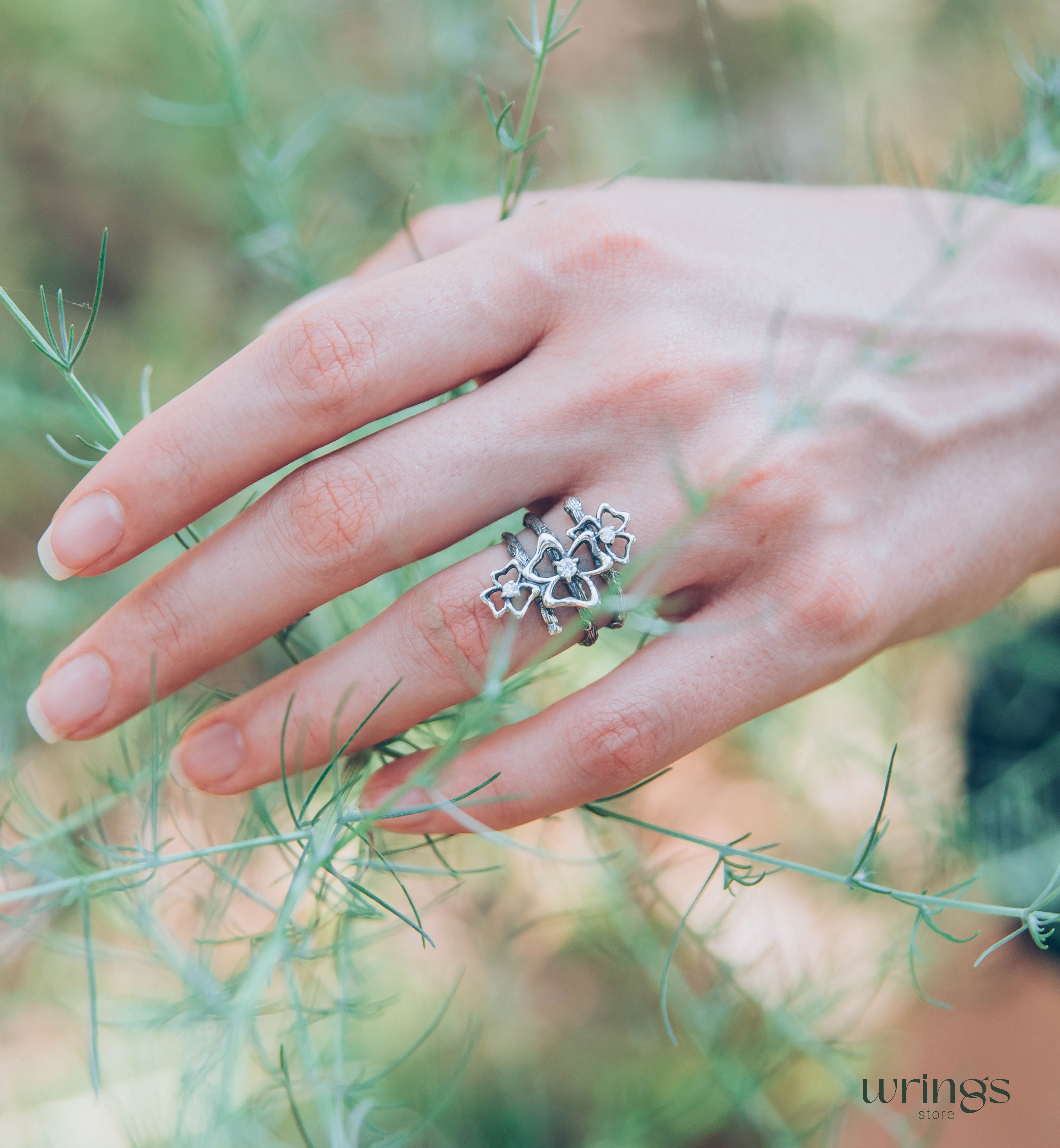 Triple Cubic Zirconia Trefoils on the Silver Branches Ring