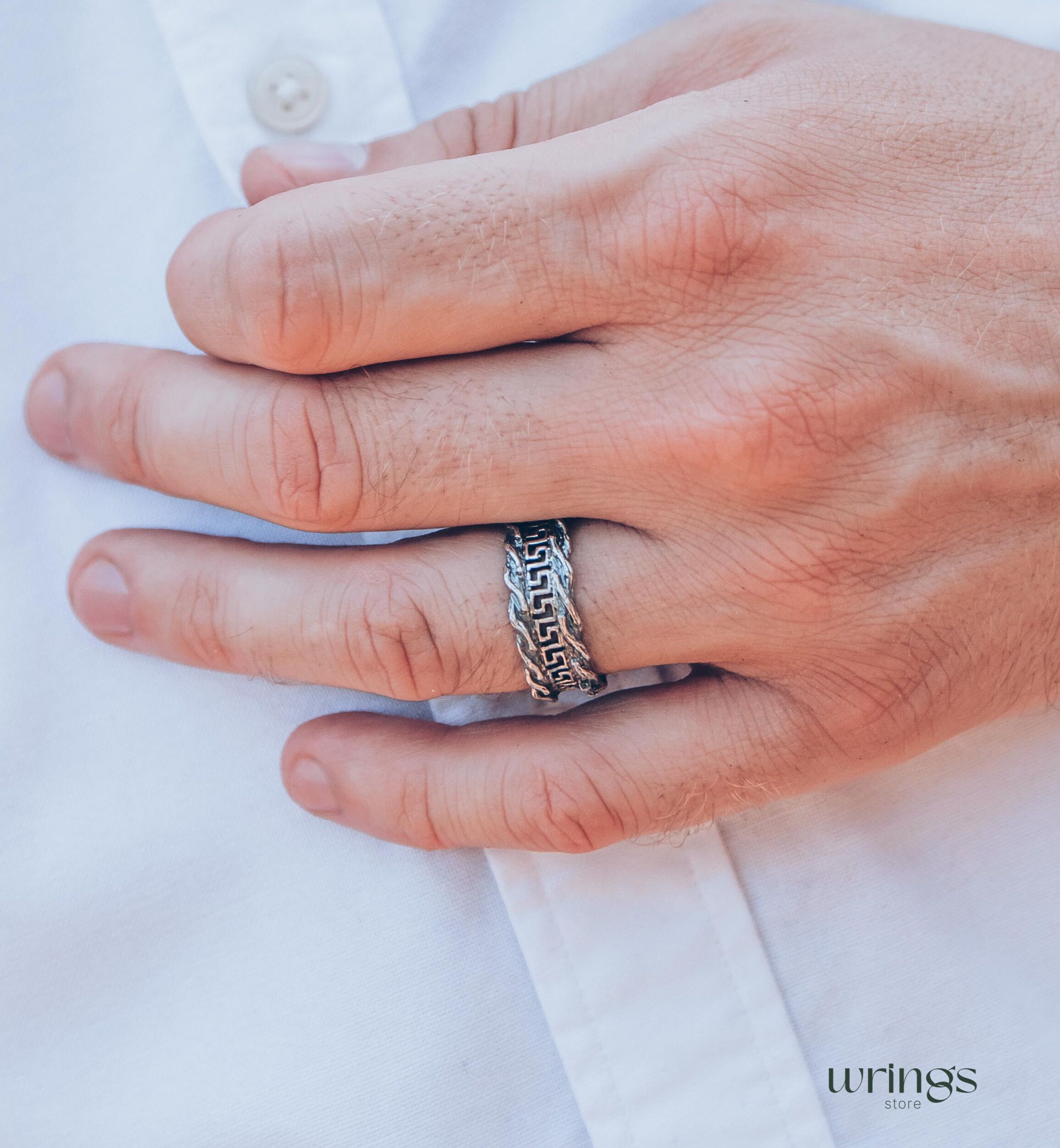 Men's Greek key & Tree bark Silver Wedding Band