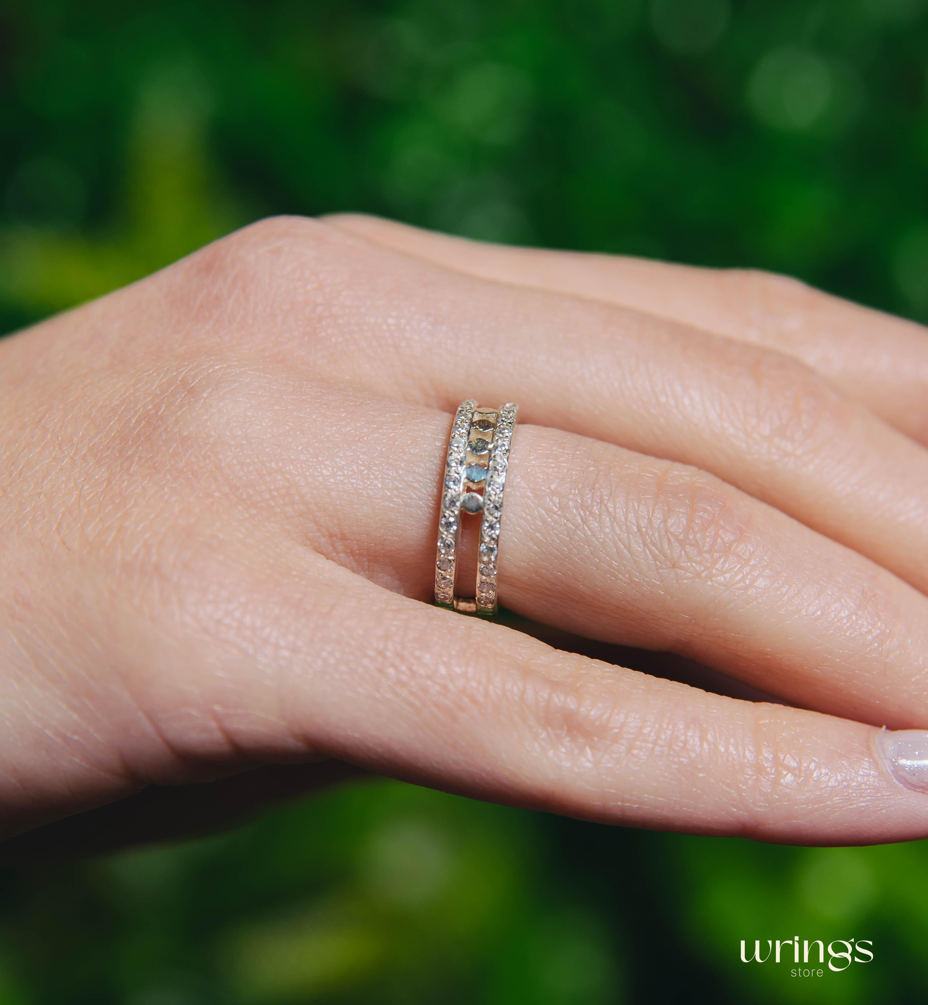 Open Wedding Band Silver Multi Stone CZ & Dot Design