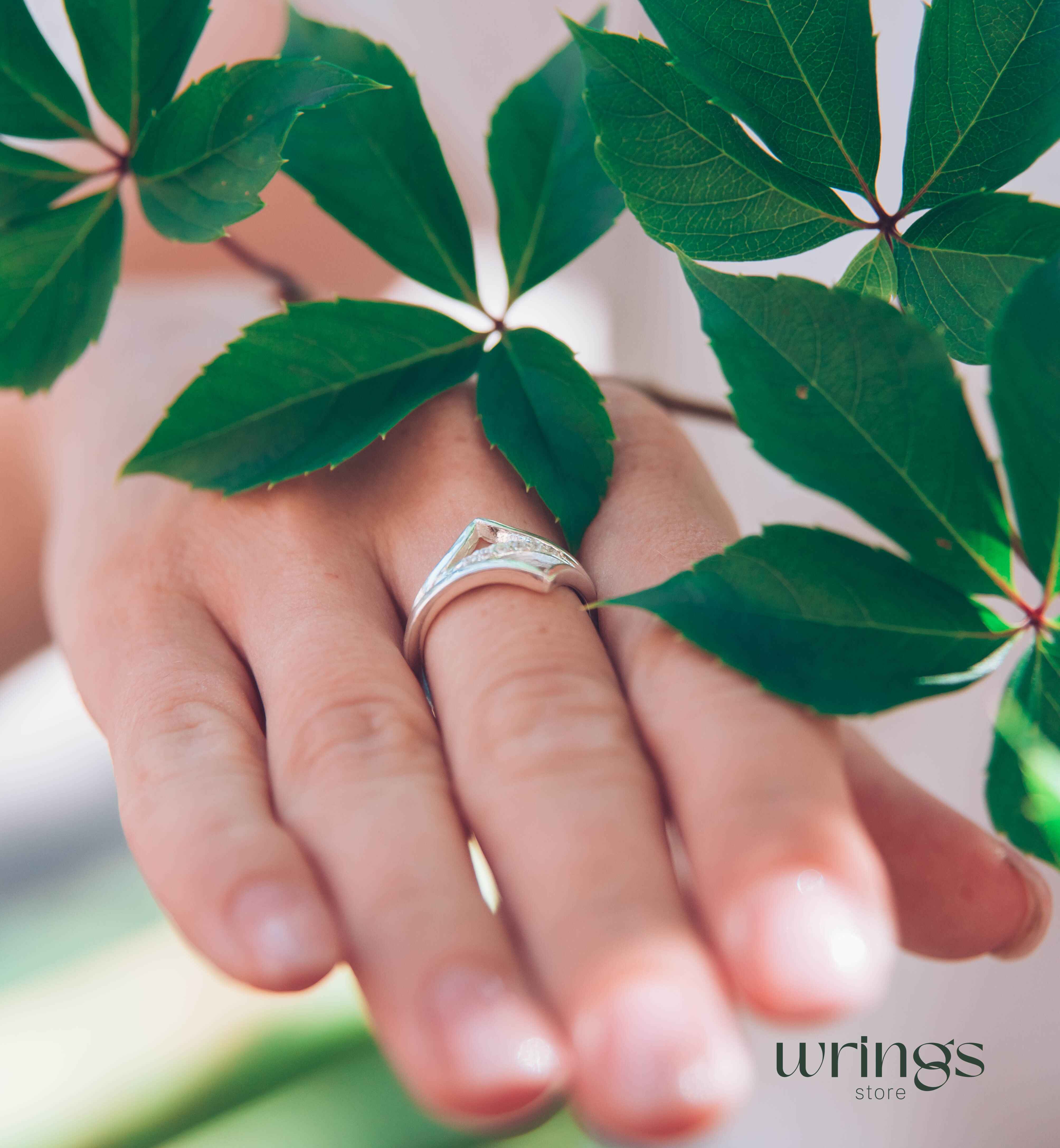 Double Chevron Diamond Wedding Ring Silver Geometric