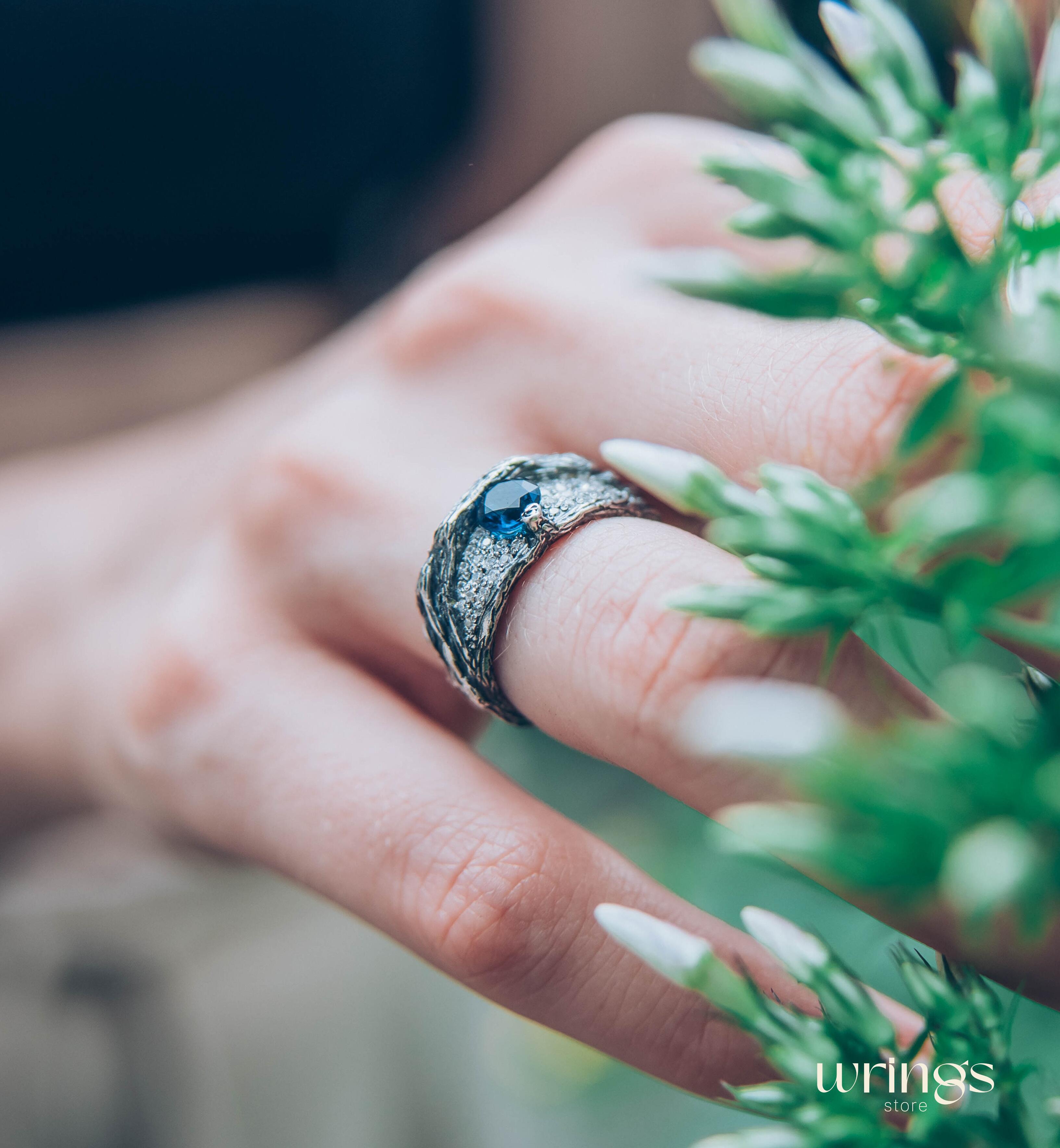 Chunky Silver Branch & Sapphire Ring adorned with CZ Accents