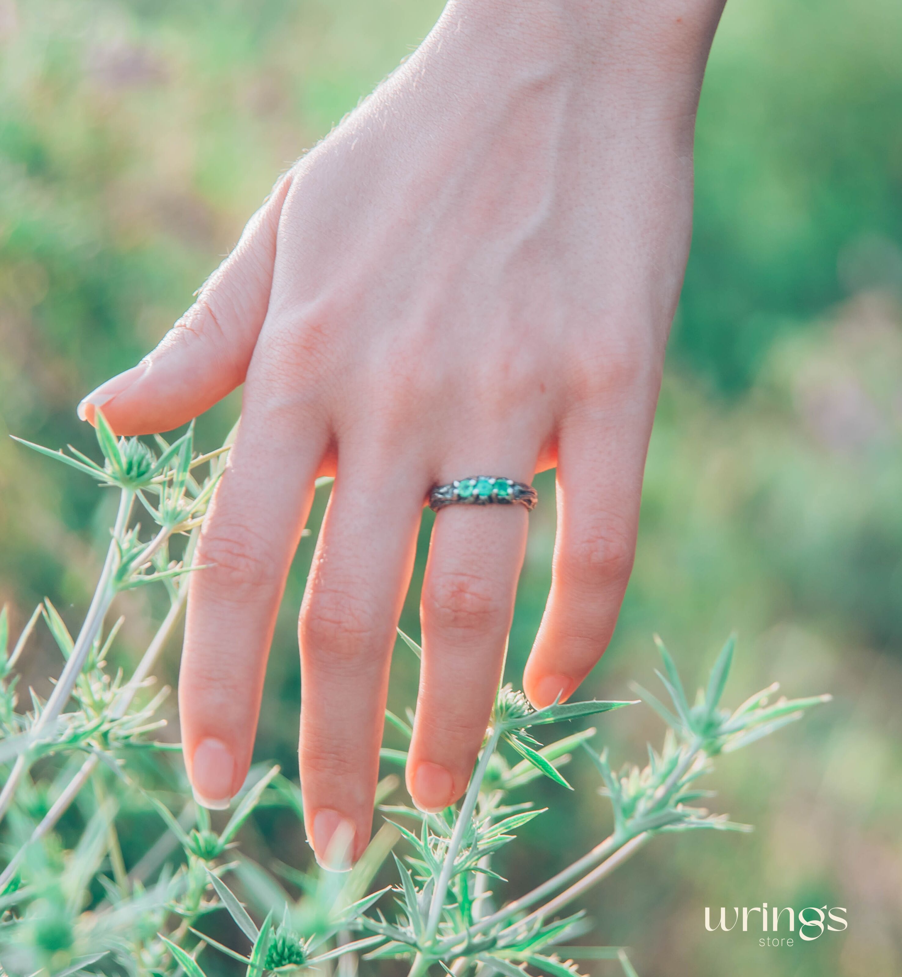 Emeralds on Branch Silver Three Stone Ring for Her