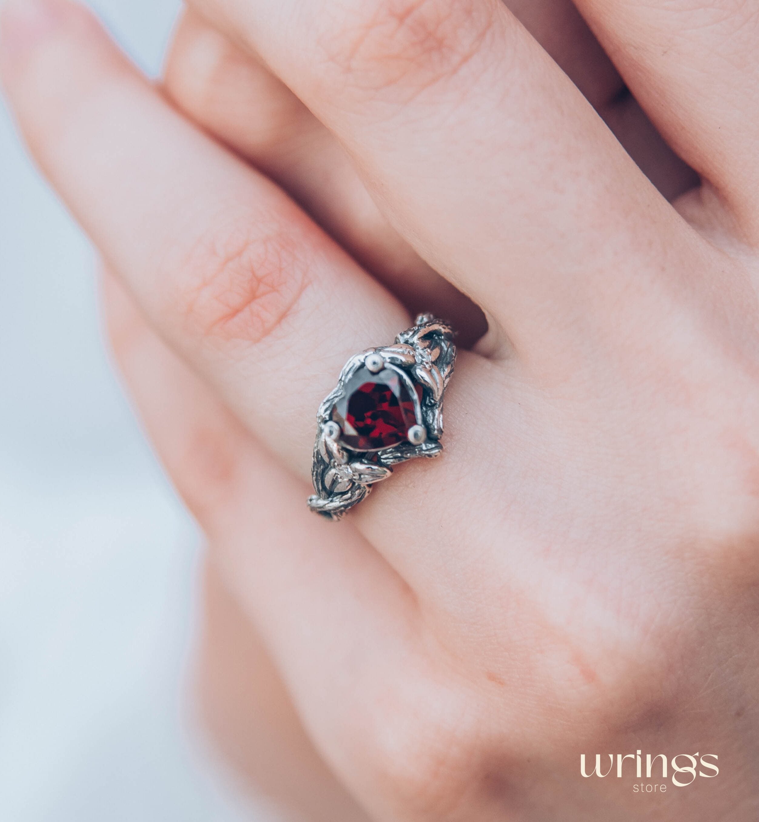 Heart Shaped Garnet Branch Engagement Ring with Leaves