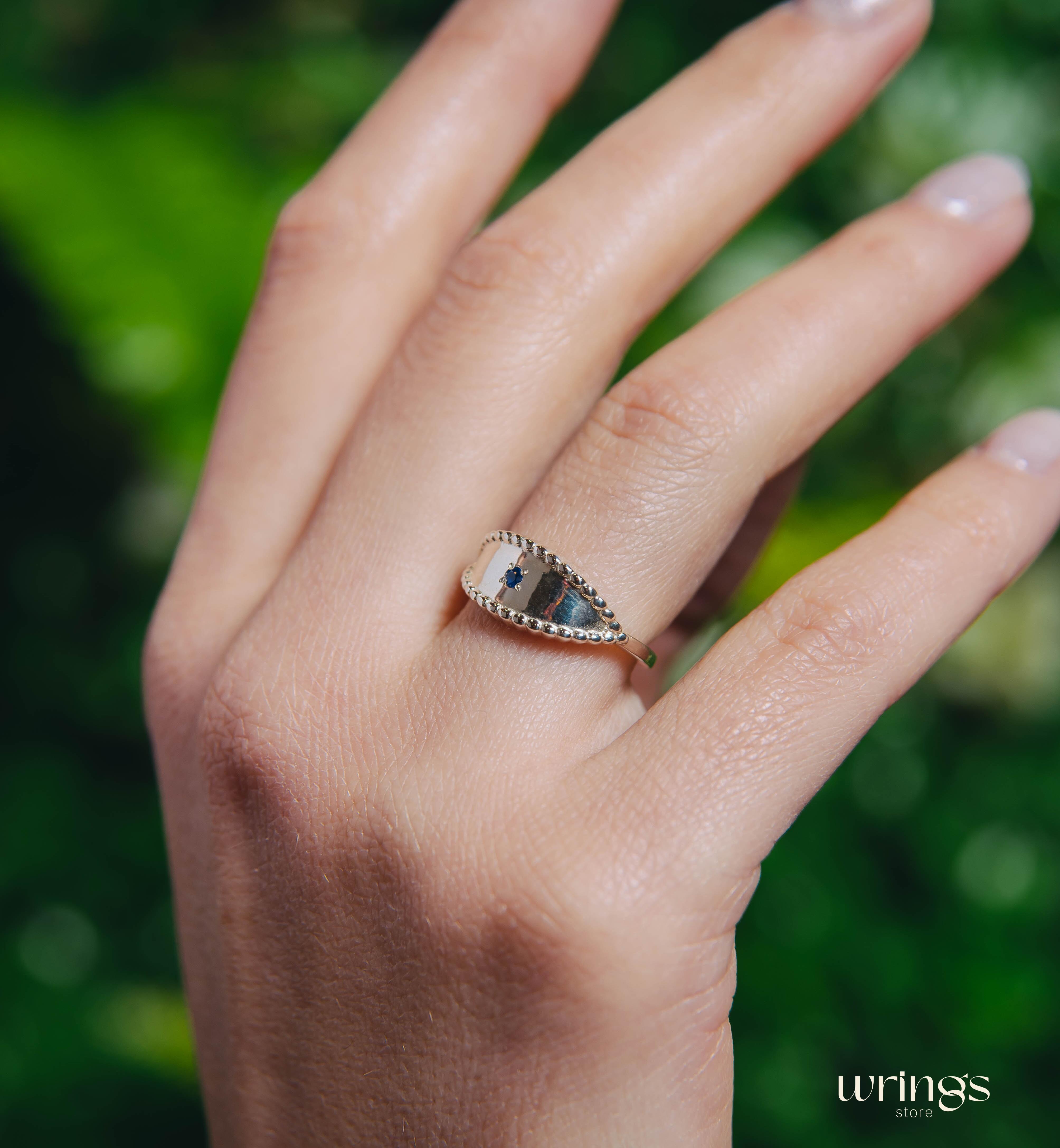 Silver Beaded Spoon Ring with Natural Blue Sapphire