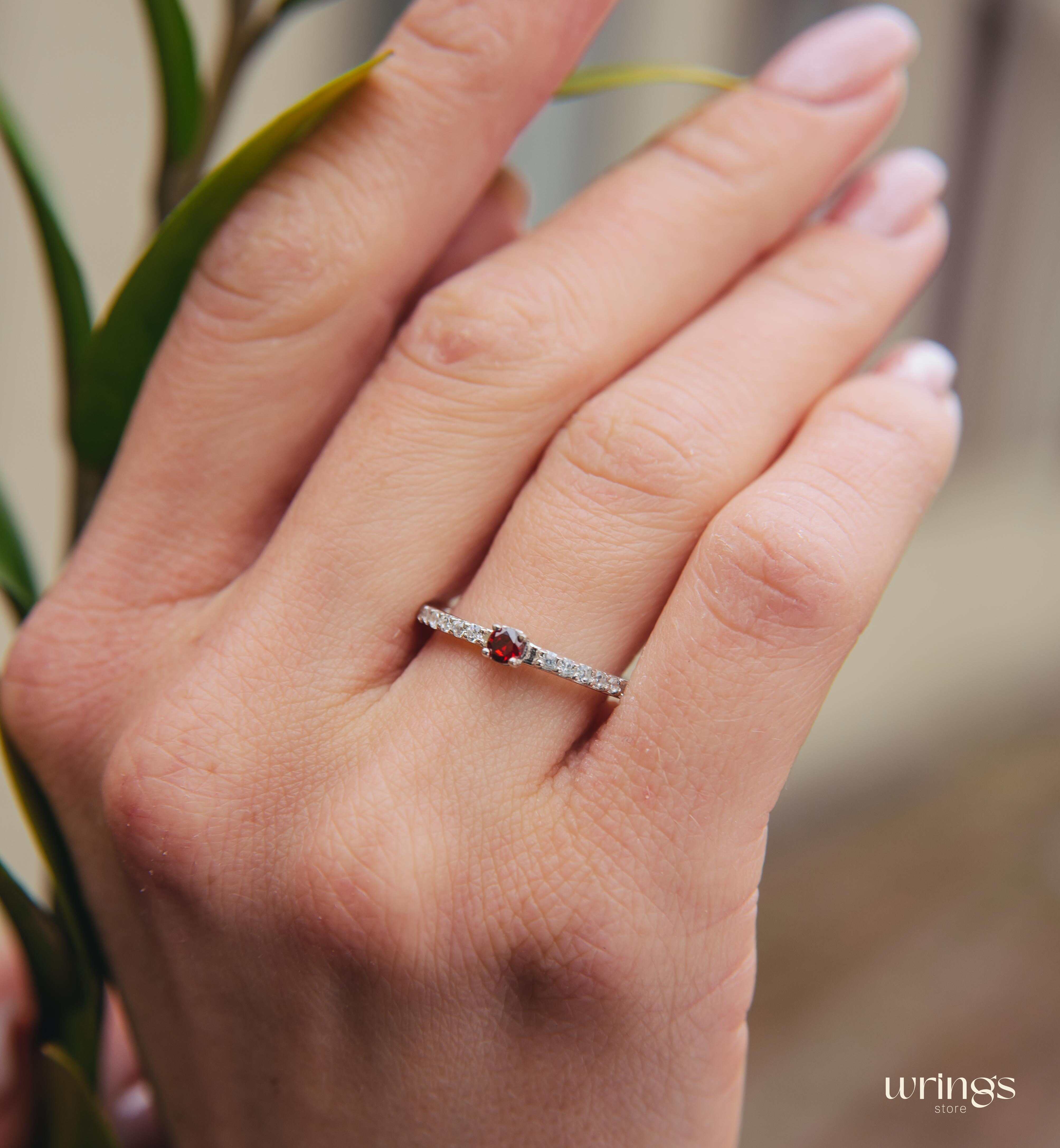 Dainty Garnet & Side Stones Silver Engagement Ring