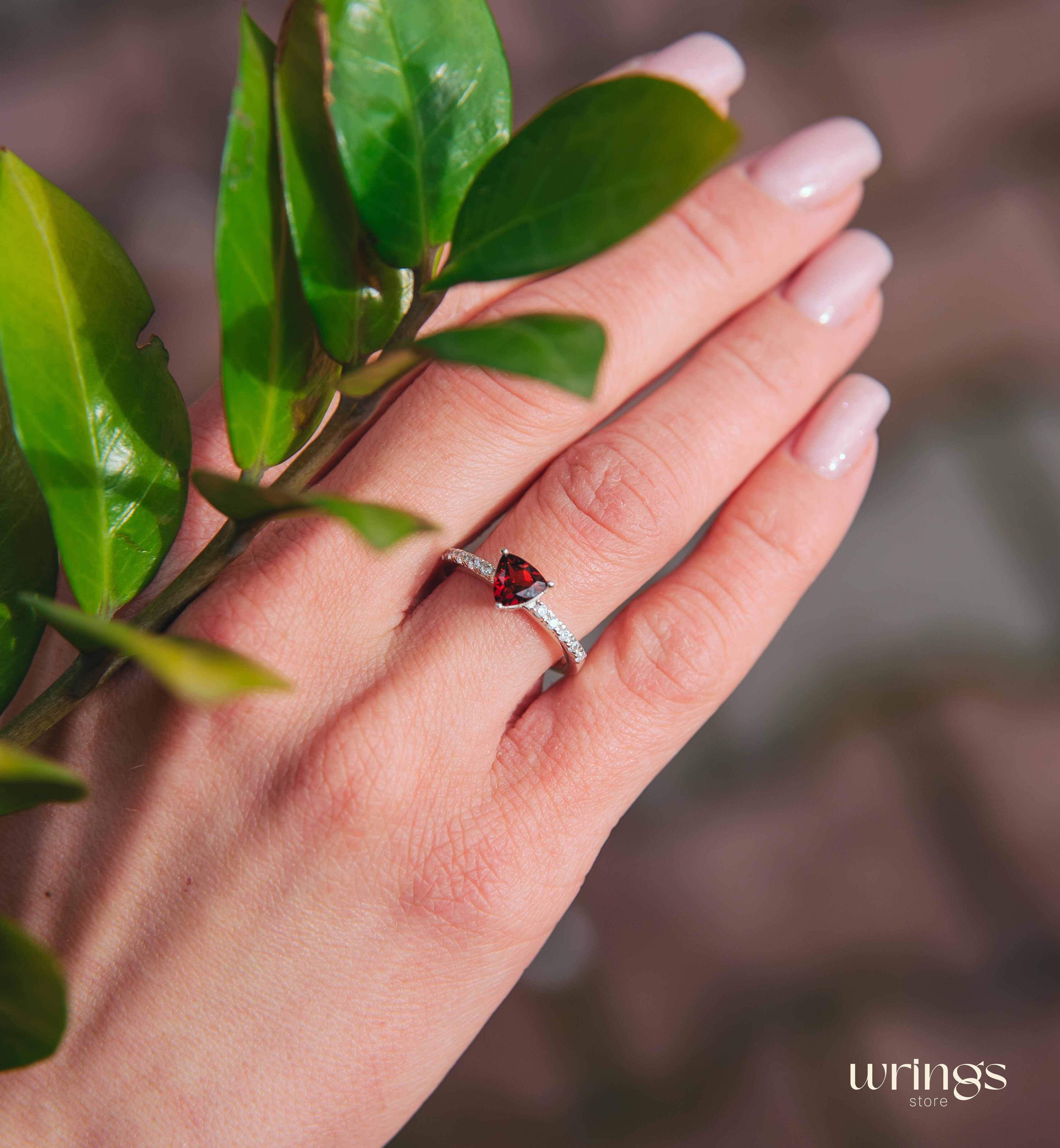 Trilliant Garnet Engagement Ring Silver & Side CZ Stones