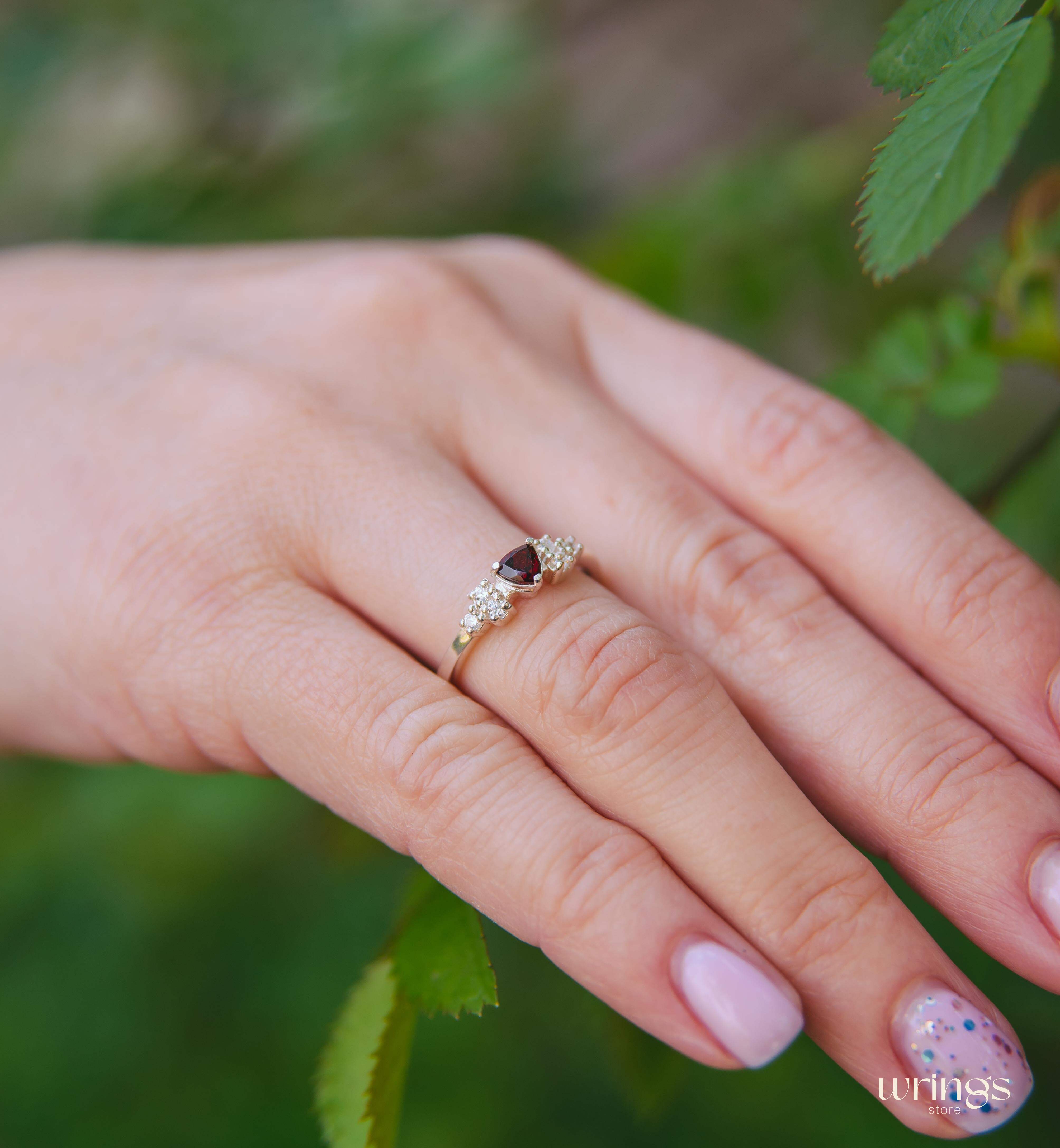 Silver Cluster Engagement Ring Trillion Garnet center & CZ
