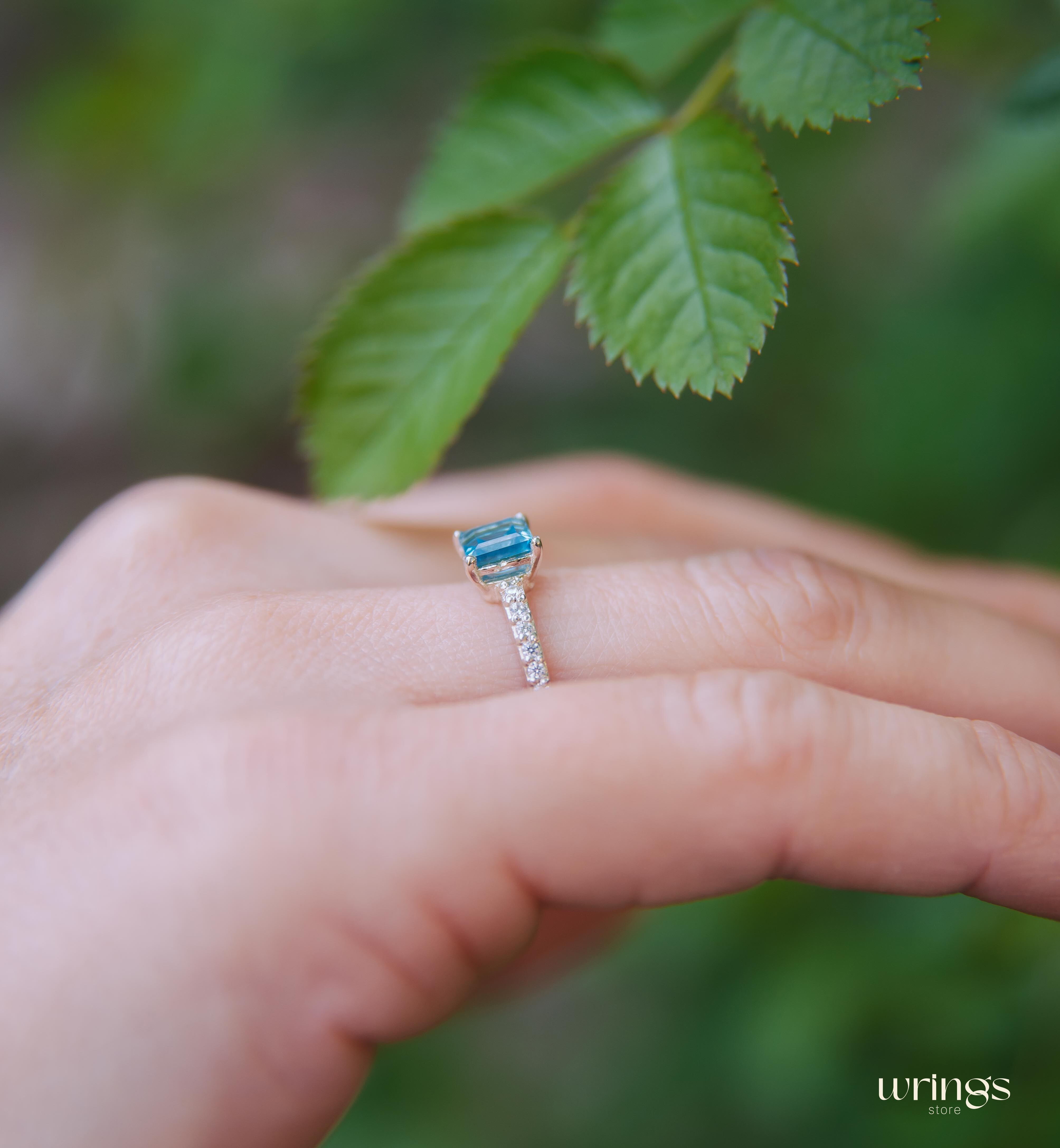 Square Blue Topaz Engagement Ring Silver & CZ Side Stones