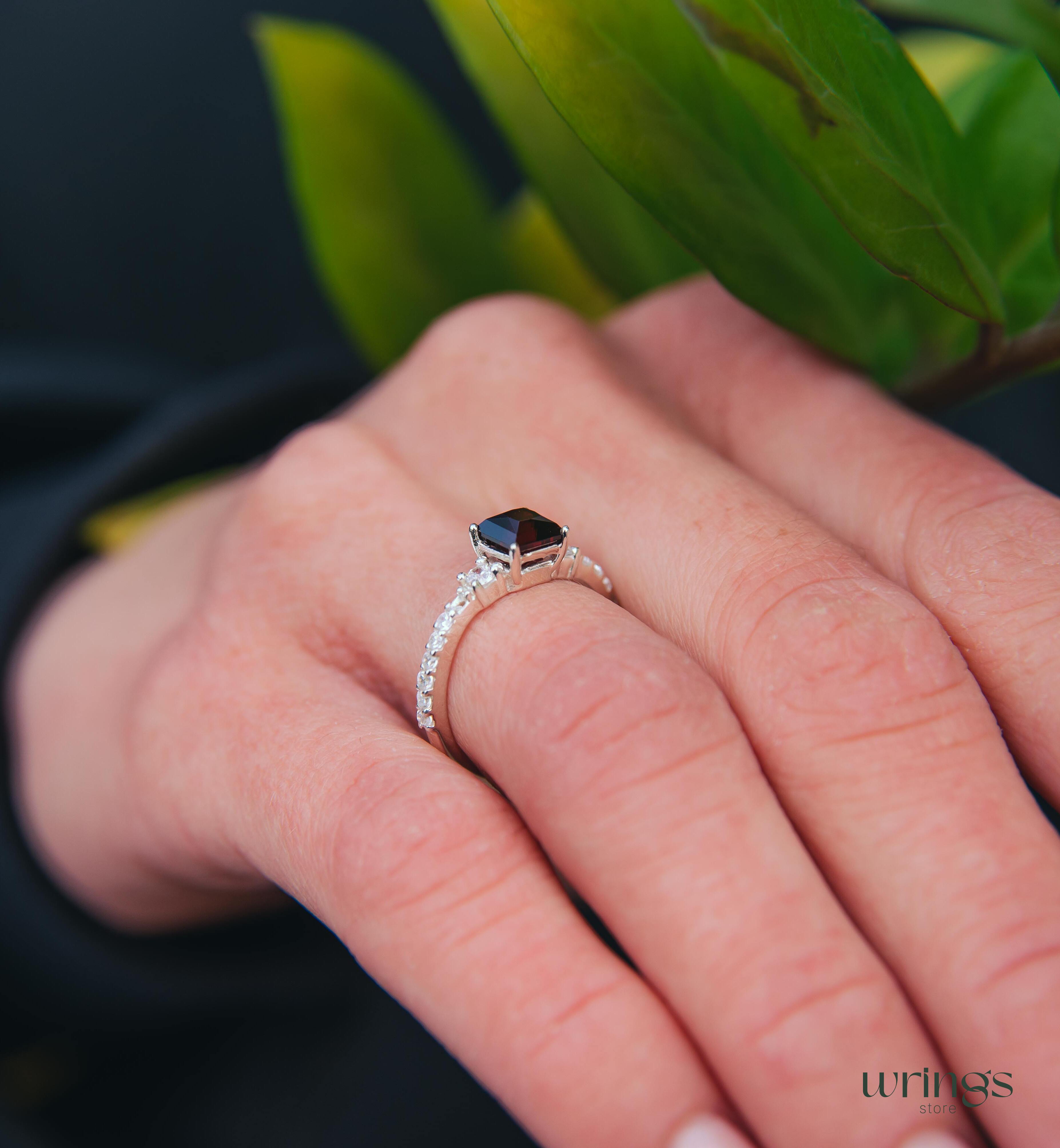 Square Cut Garnet Engagement Ring Silver with accents