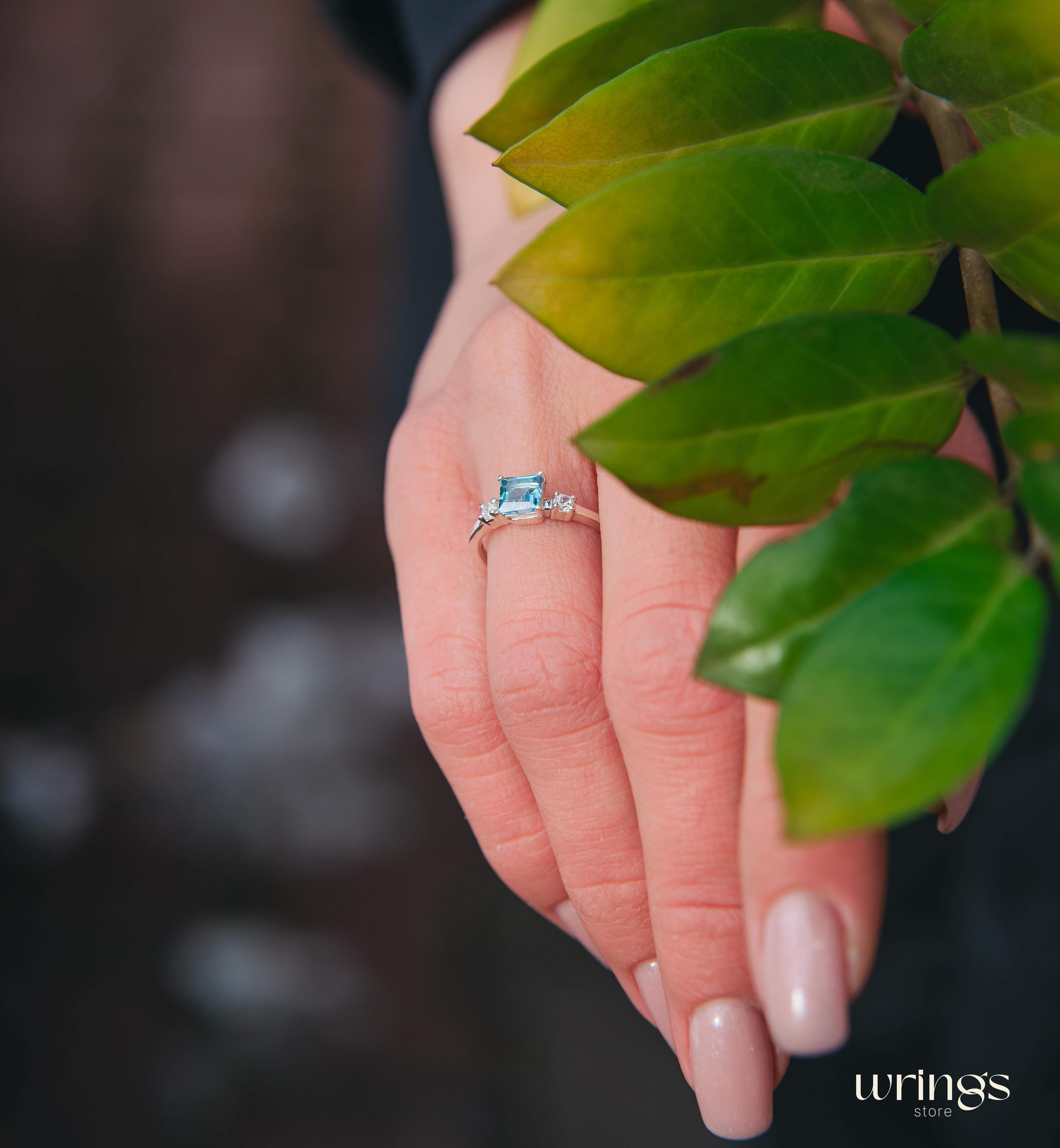 Square Swiss Topaz 3 Stone Engagement Ring Silver
