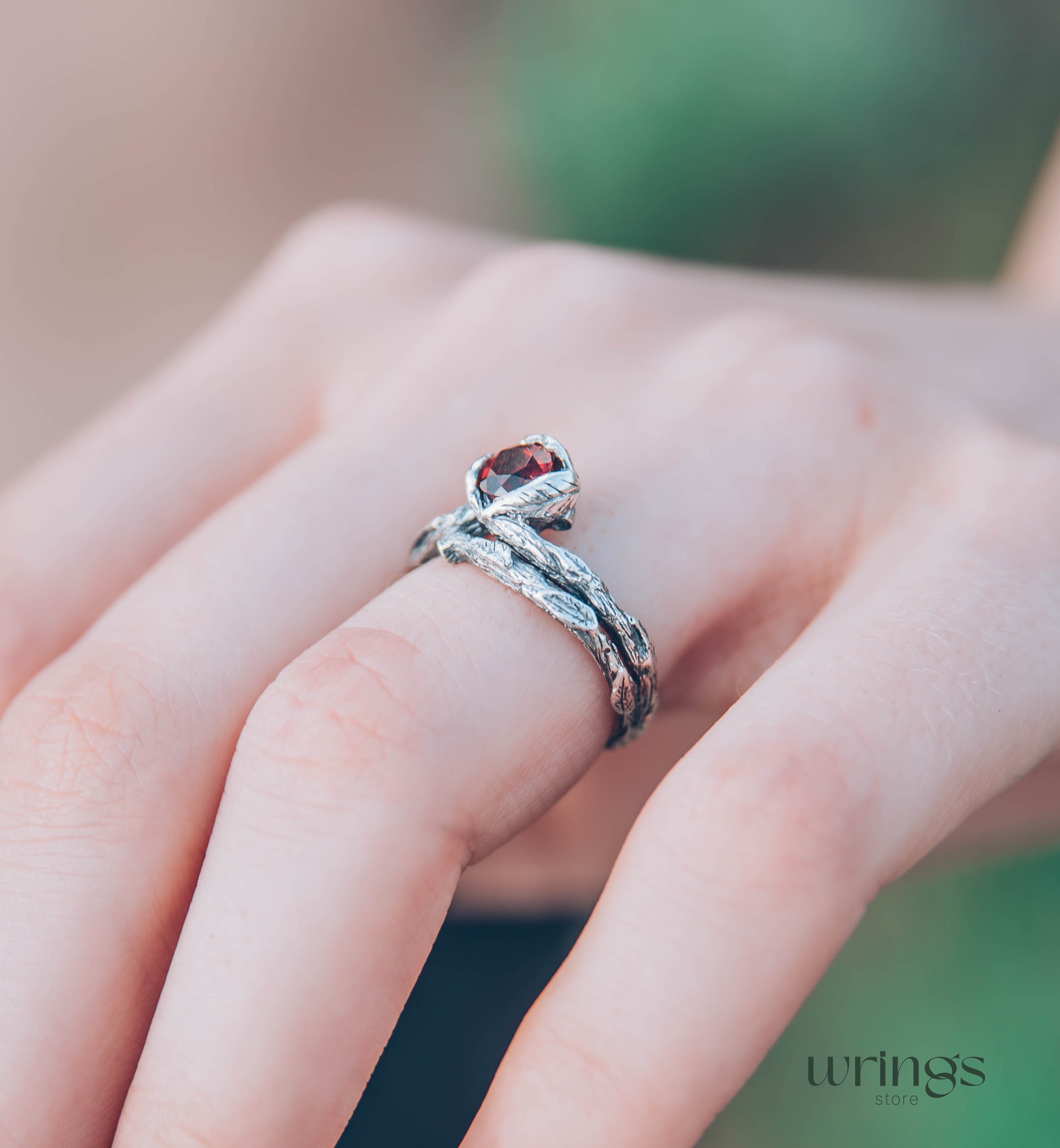 Unusual Branch and Leaves Silver Garnet Engagement Ring