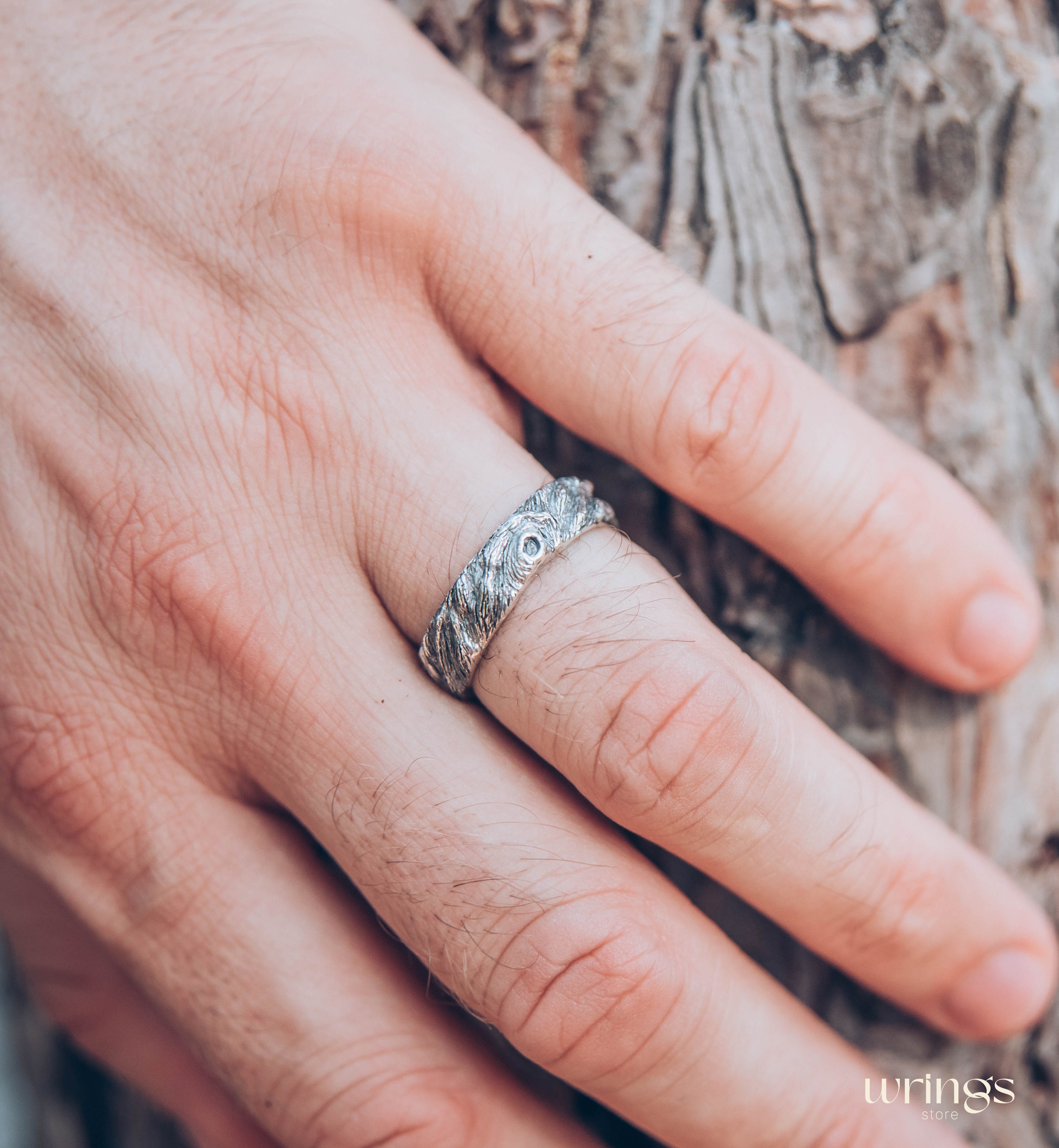 Oxidized Silver Tree bark Men's Large Wedding Band