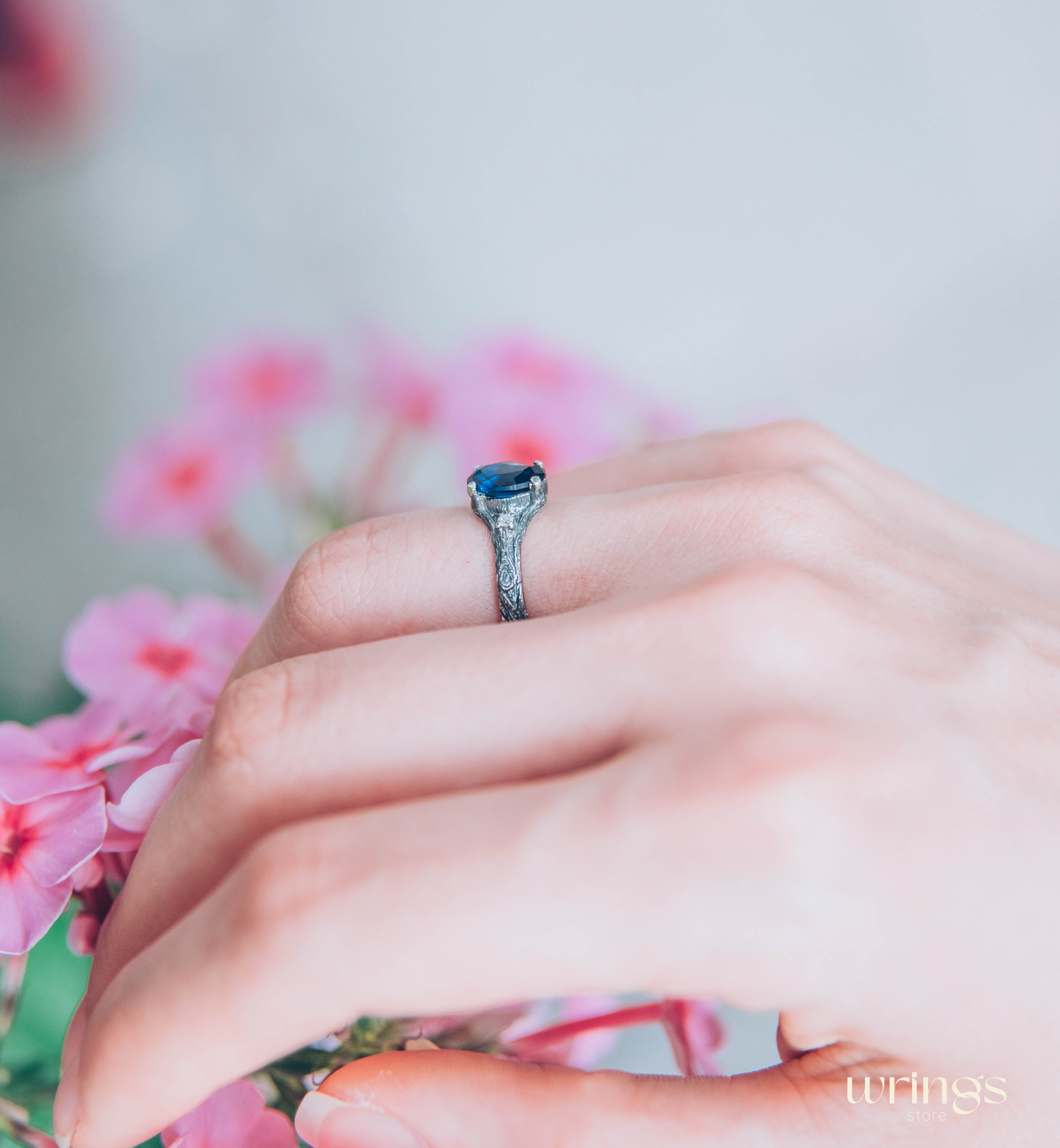 Oval Sapphire with Twig Ring made in Sterling Silver