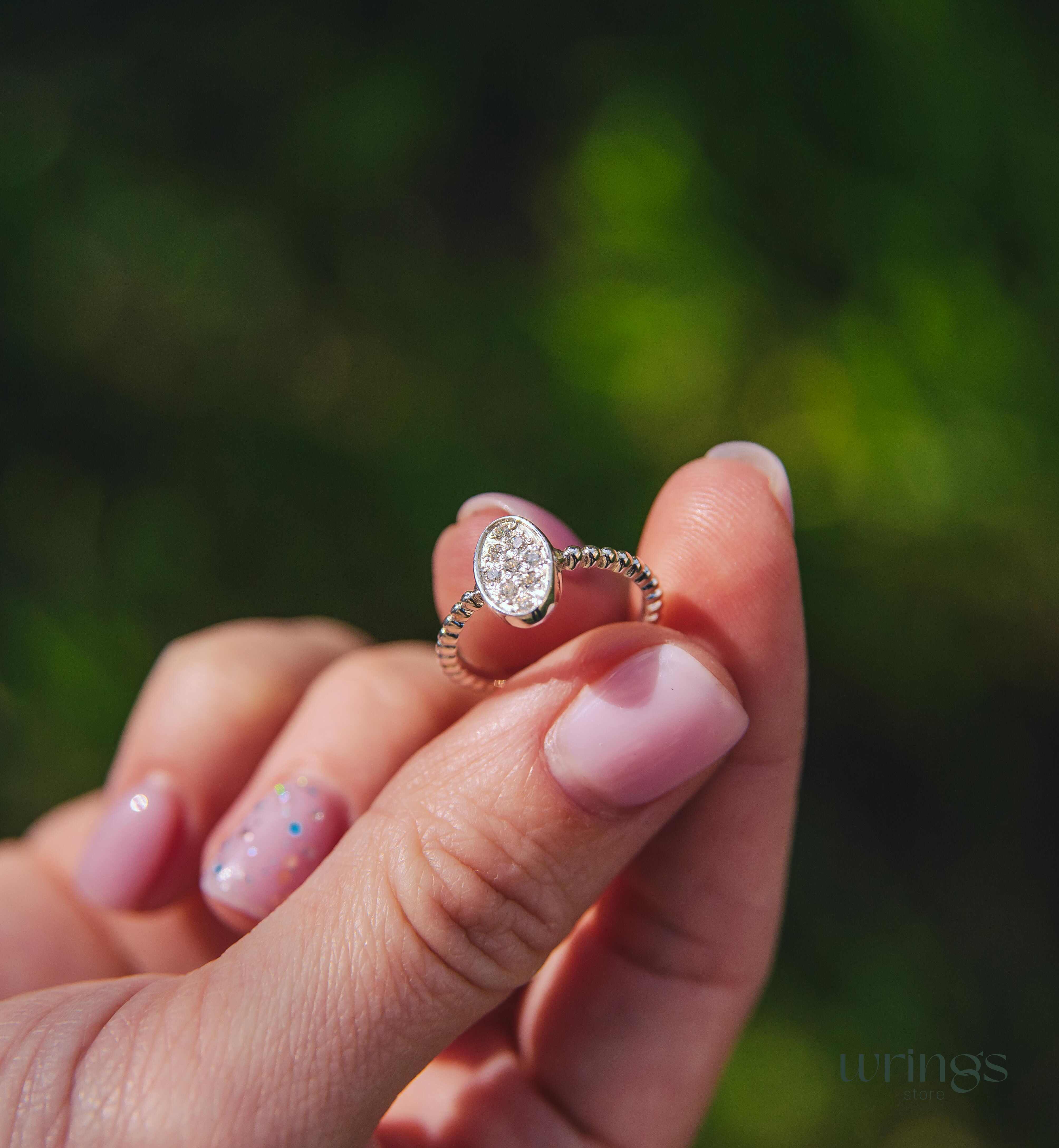 Pave Style Diamonds Bubble Oval Ring Silver