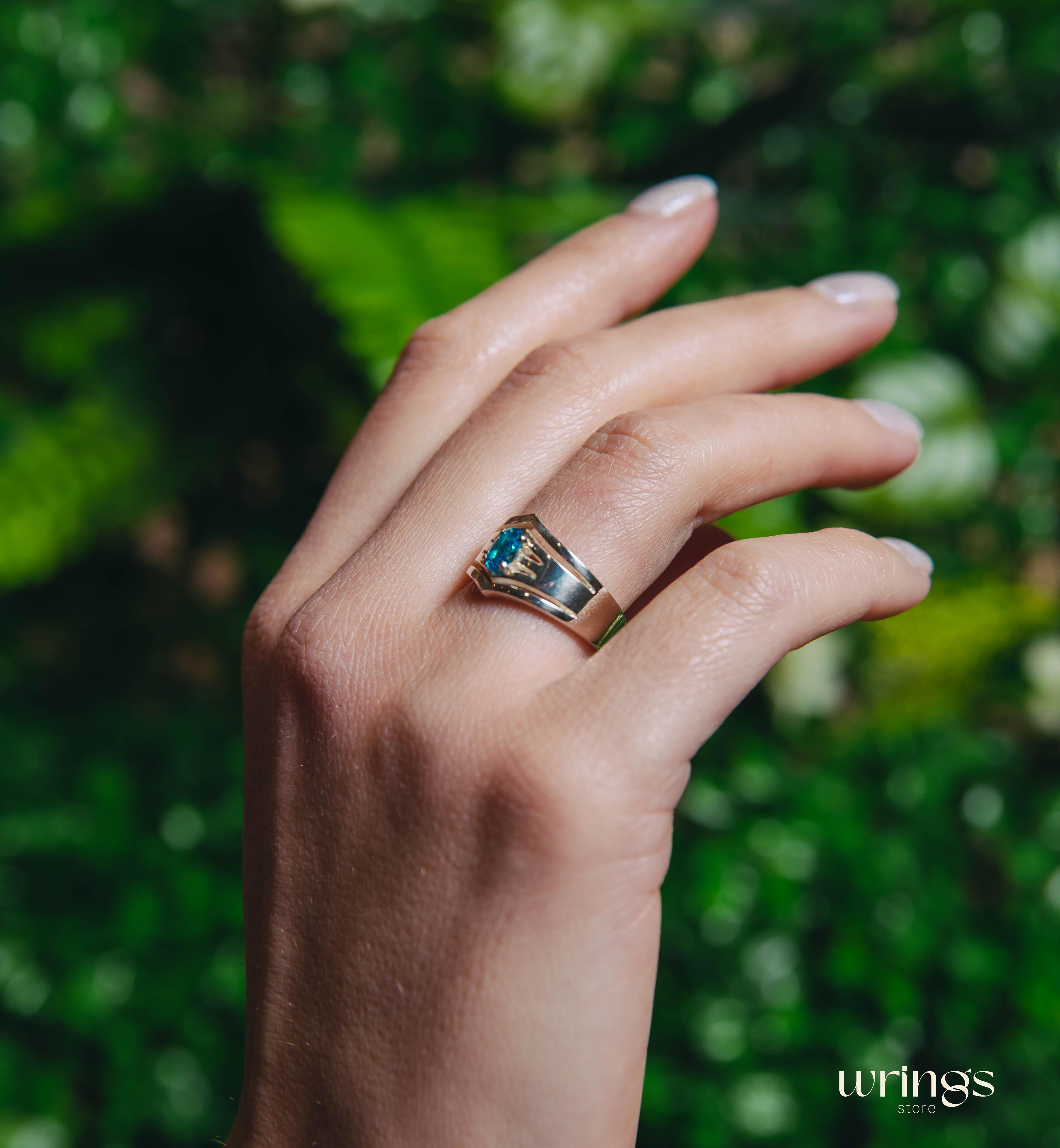 Double V-shaped Cocktail Oval Blue Topaz Ring Silver