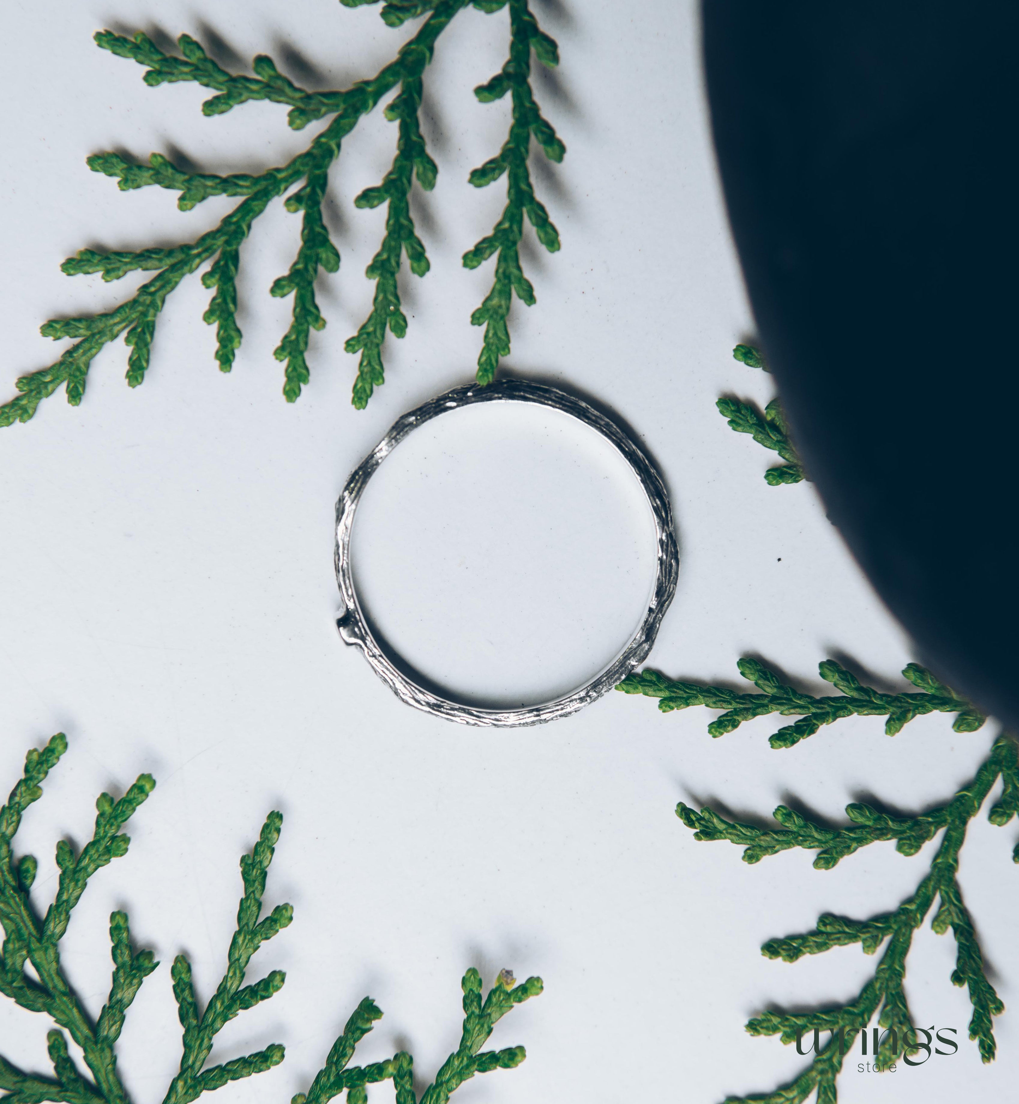 Extra Tiny Silver Branch Wedding Band with Emerald