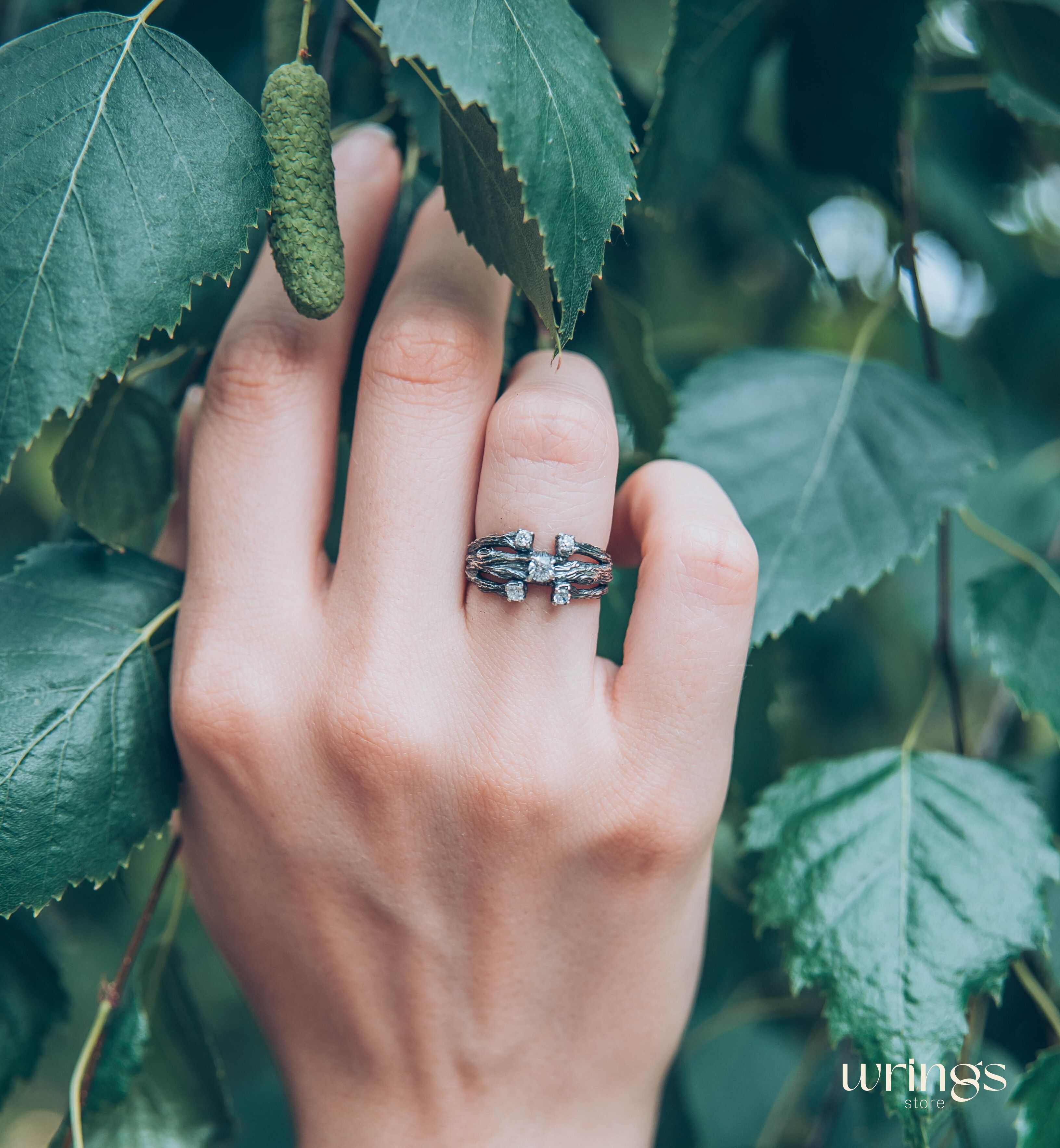 Three Branches & 5 Gemstones Womens Silver Ring