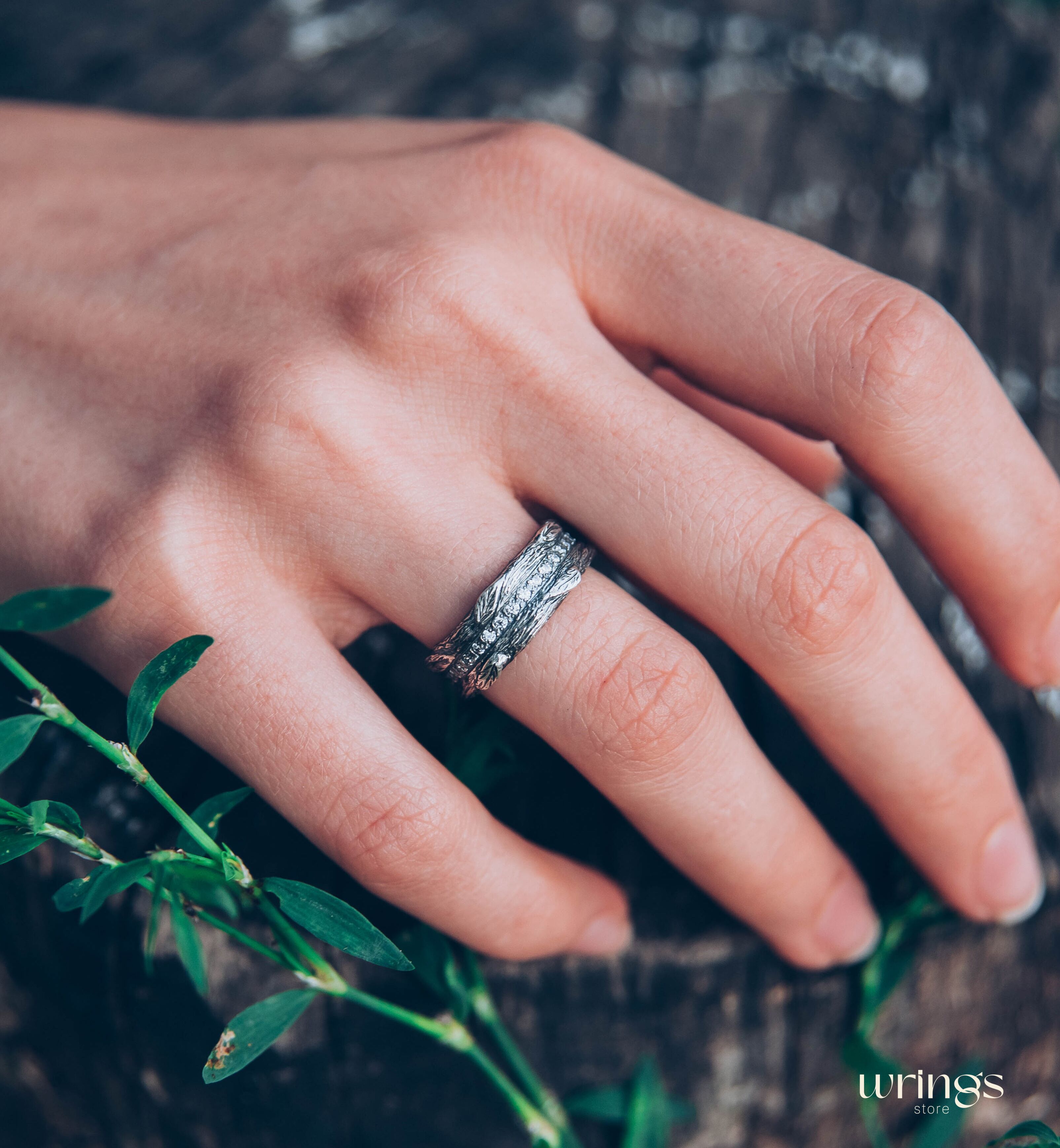 Silver Eternity Ring Wood Leaves and White Stones