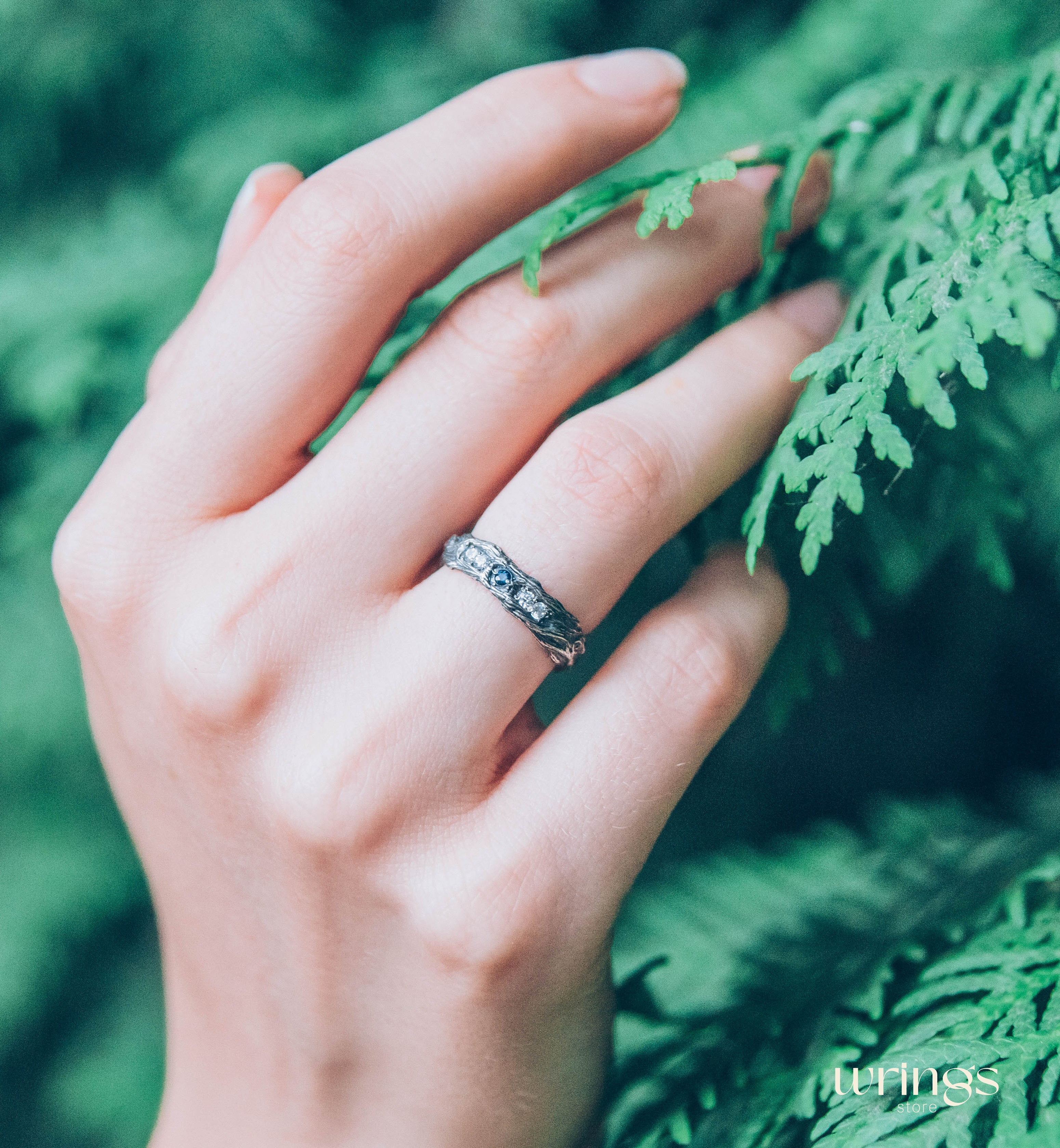 Unusual Tree Bark Sapphire Wedding Ring adorned with side CZ Accents