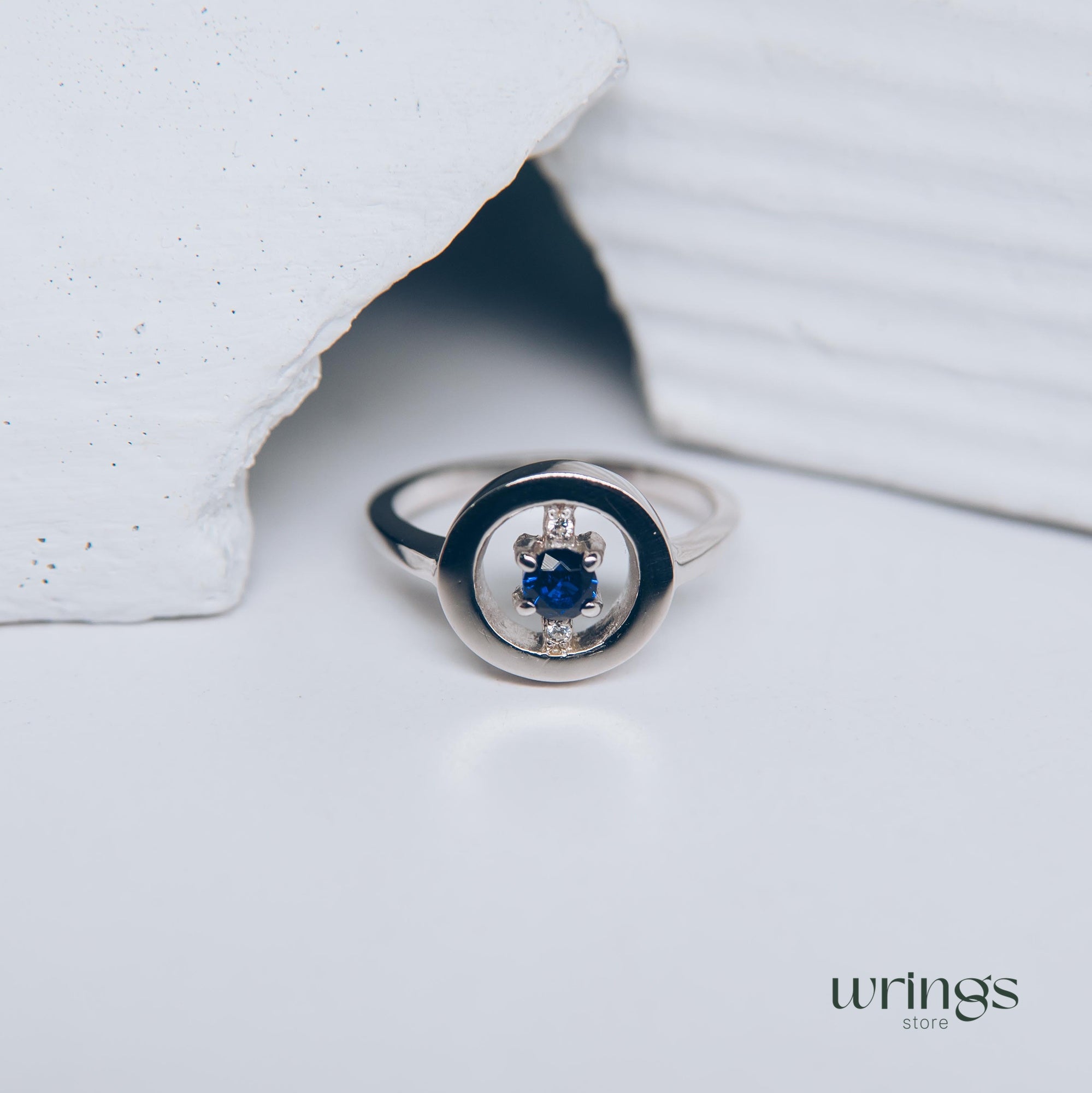 Blue Sapphire & CZ Silver Round Open Engagement Ring