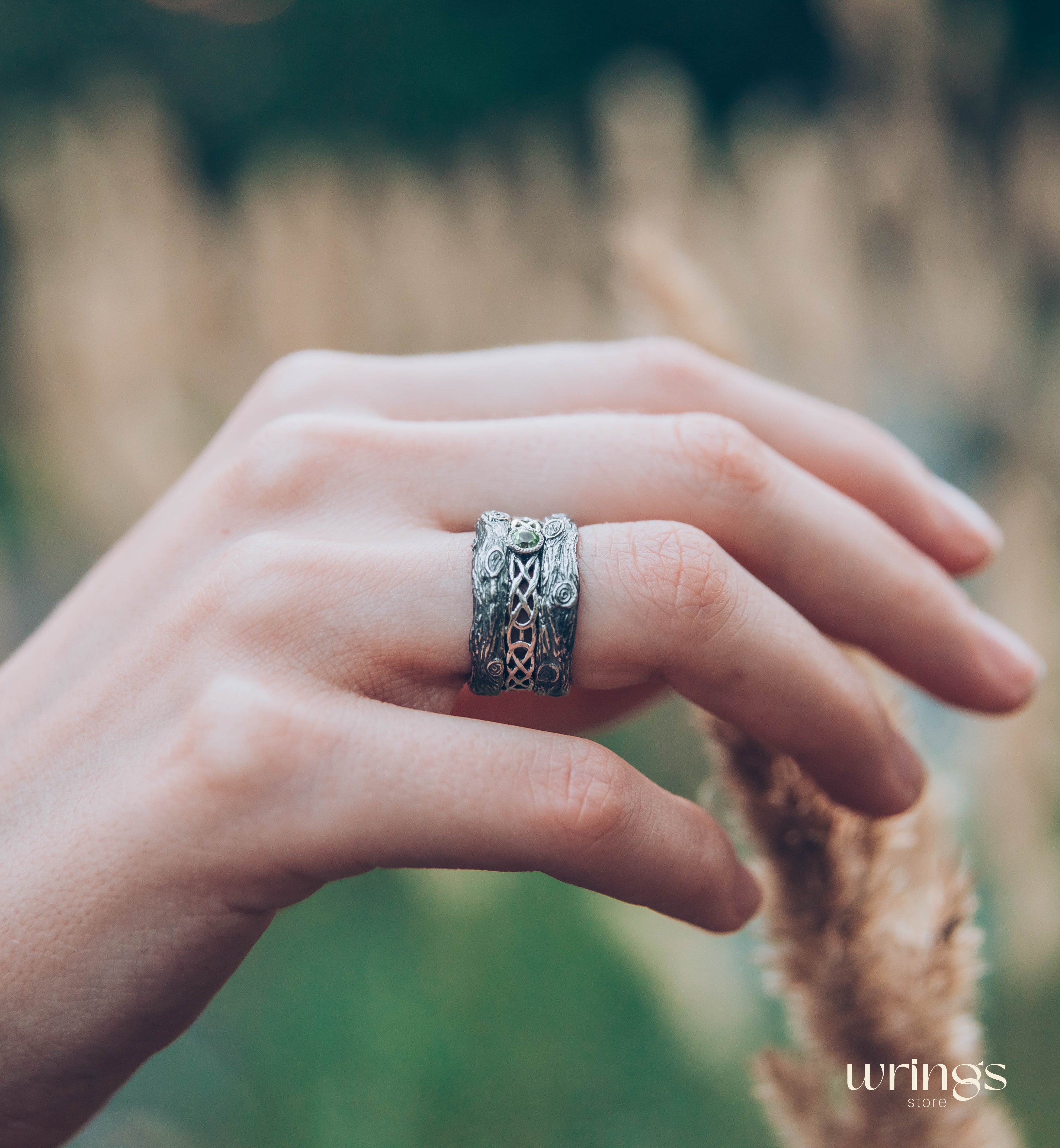 Silver bark with Celtic Weaves & Peridot Wedding Ring