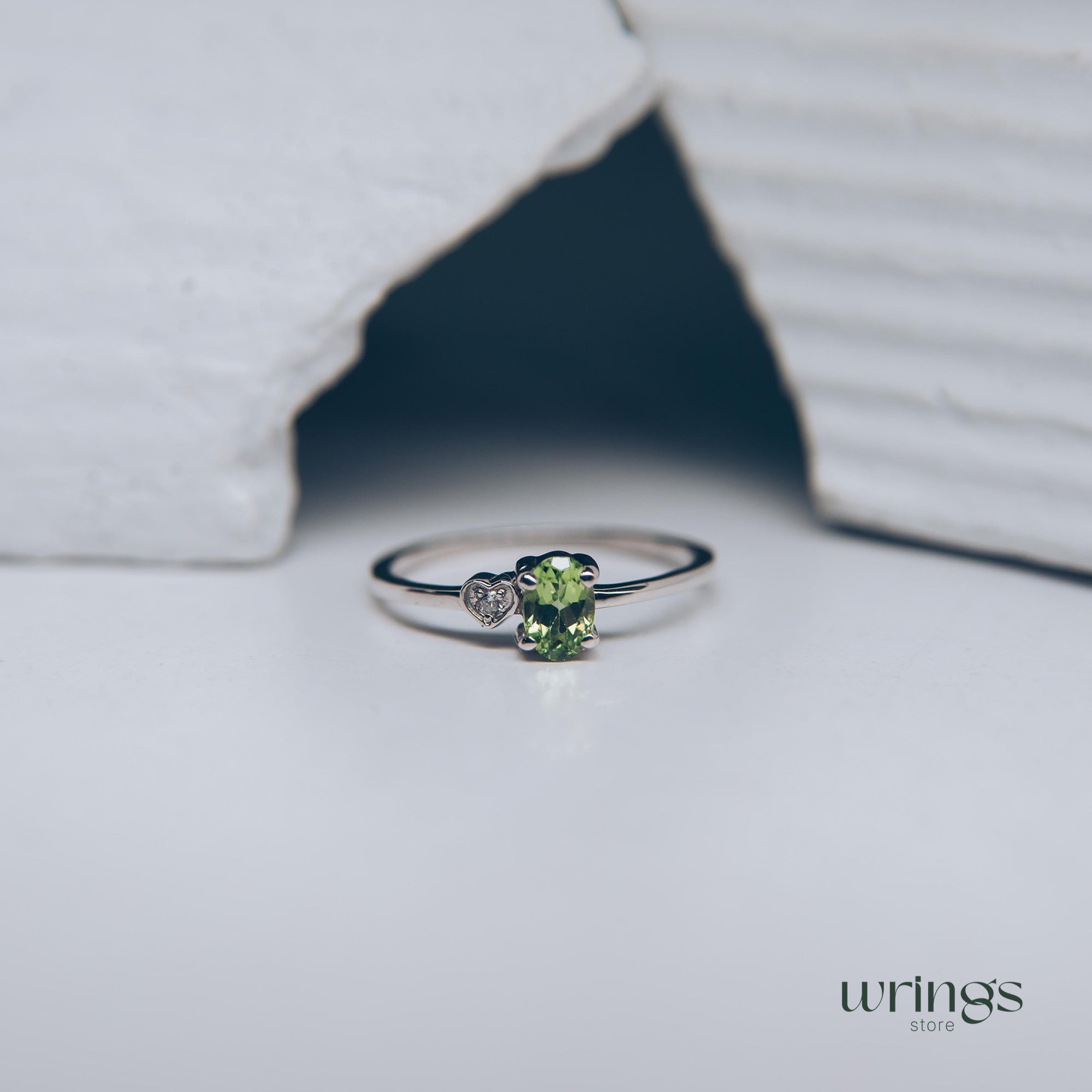 Peridot & CZ Heart Silver Engagement Ring