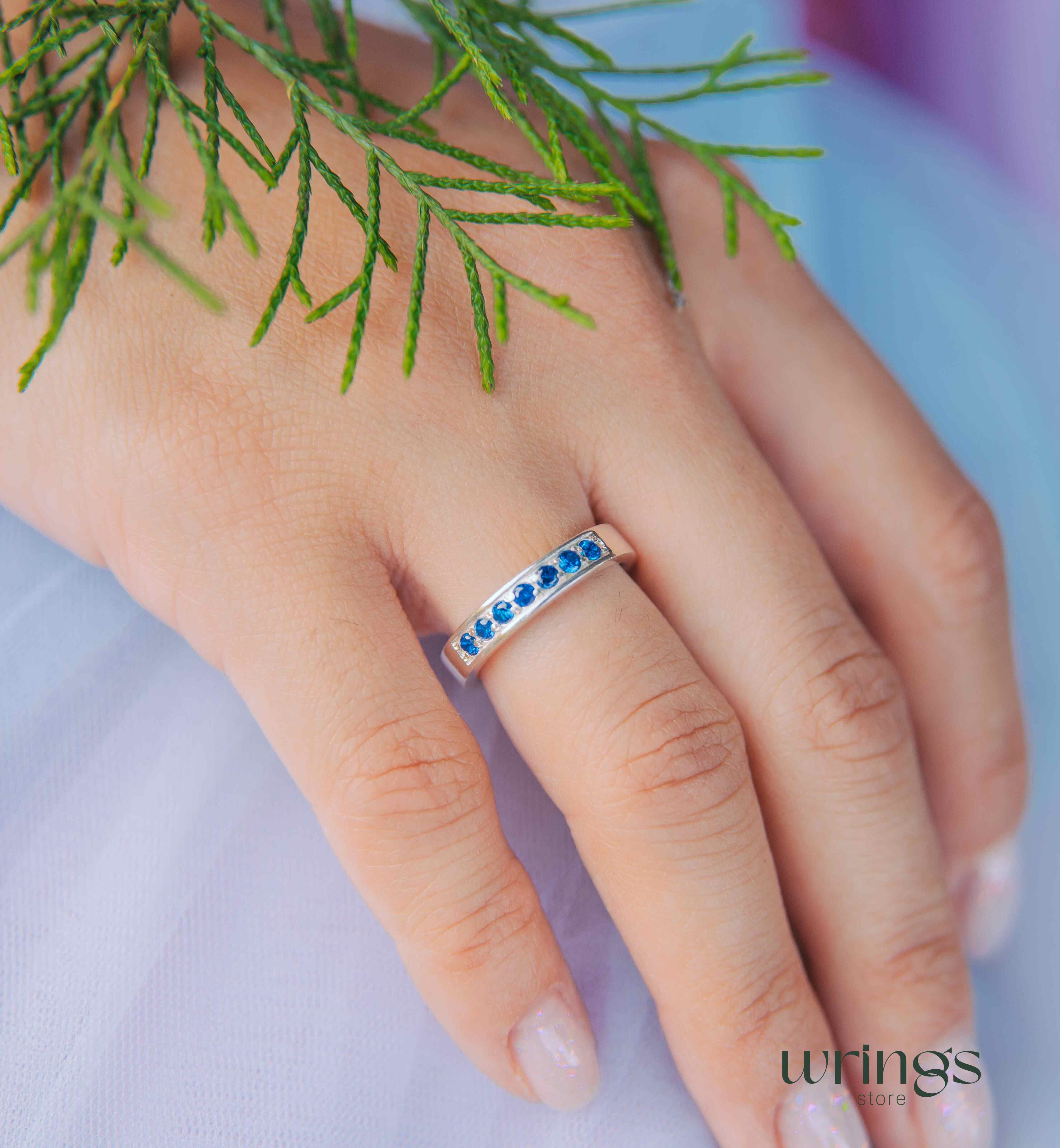 Classic Silver Sapphire Wedding Band Unisex 7 Blue gems