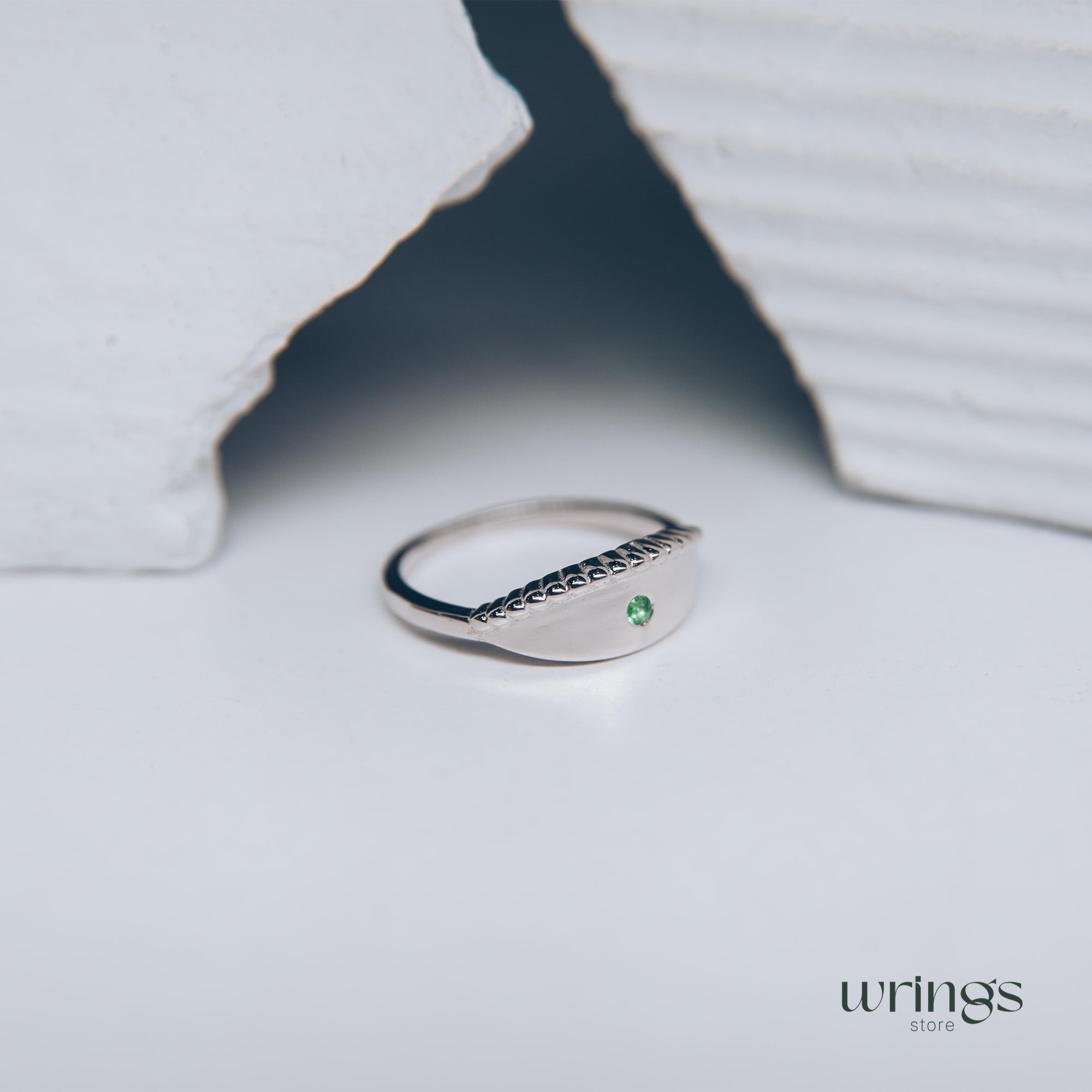 Beaded Silver & Emerald Evil Eye Ring Boho Style