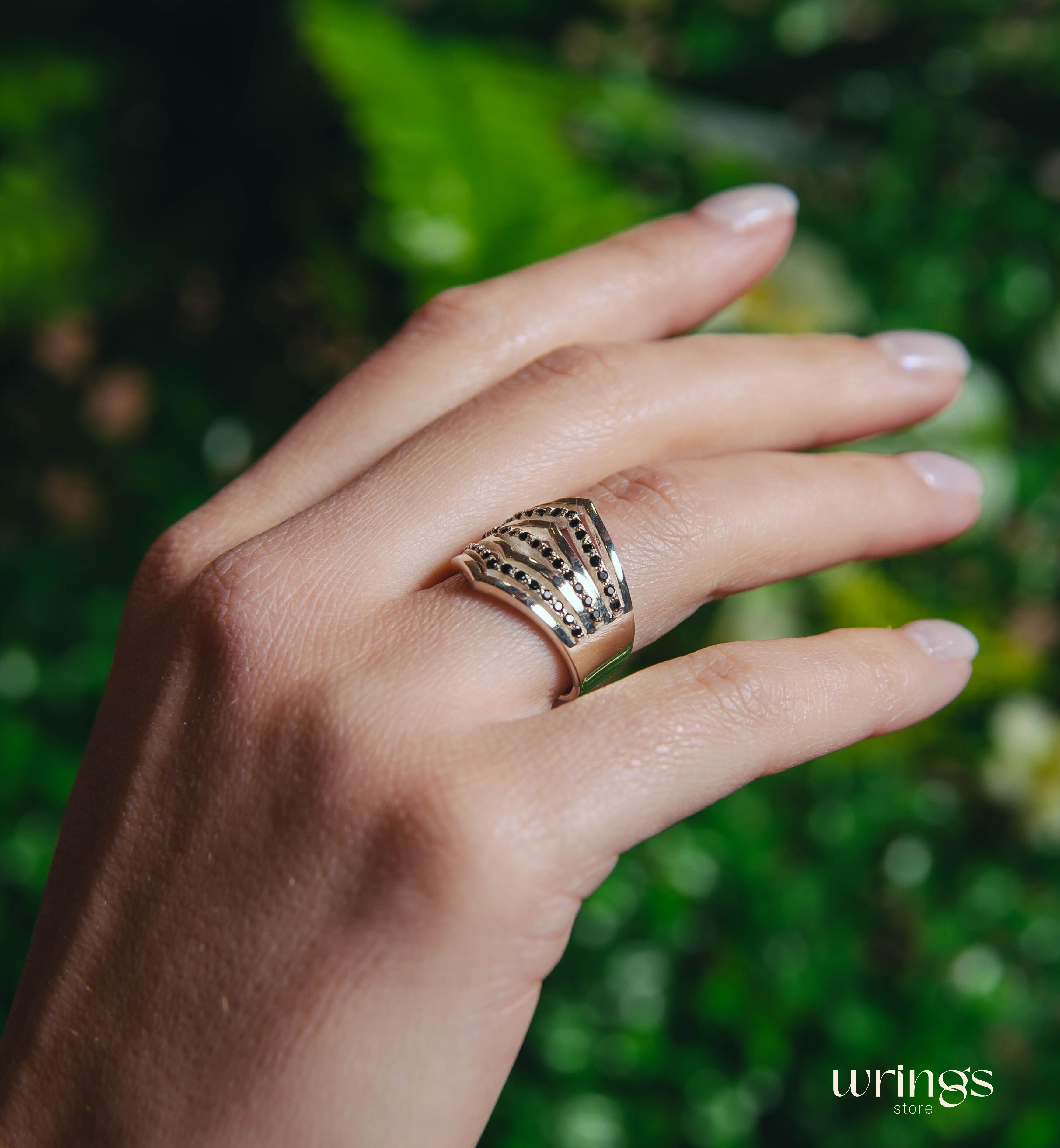 Extra Wide Silver Dome Ring Double Chevron Black Stones