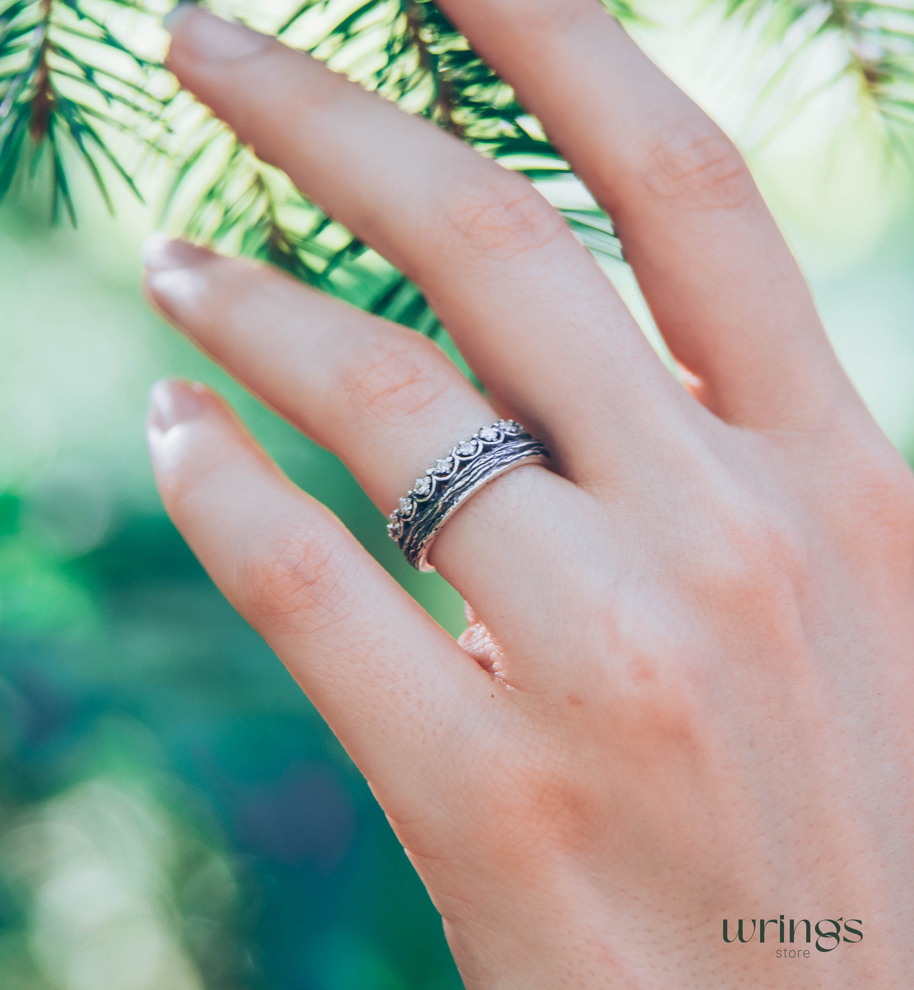 Princess Crown Wedding Ring with Gems & Twig Silver Band