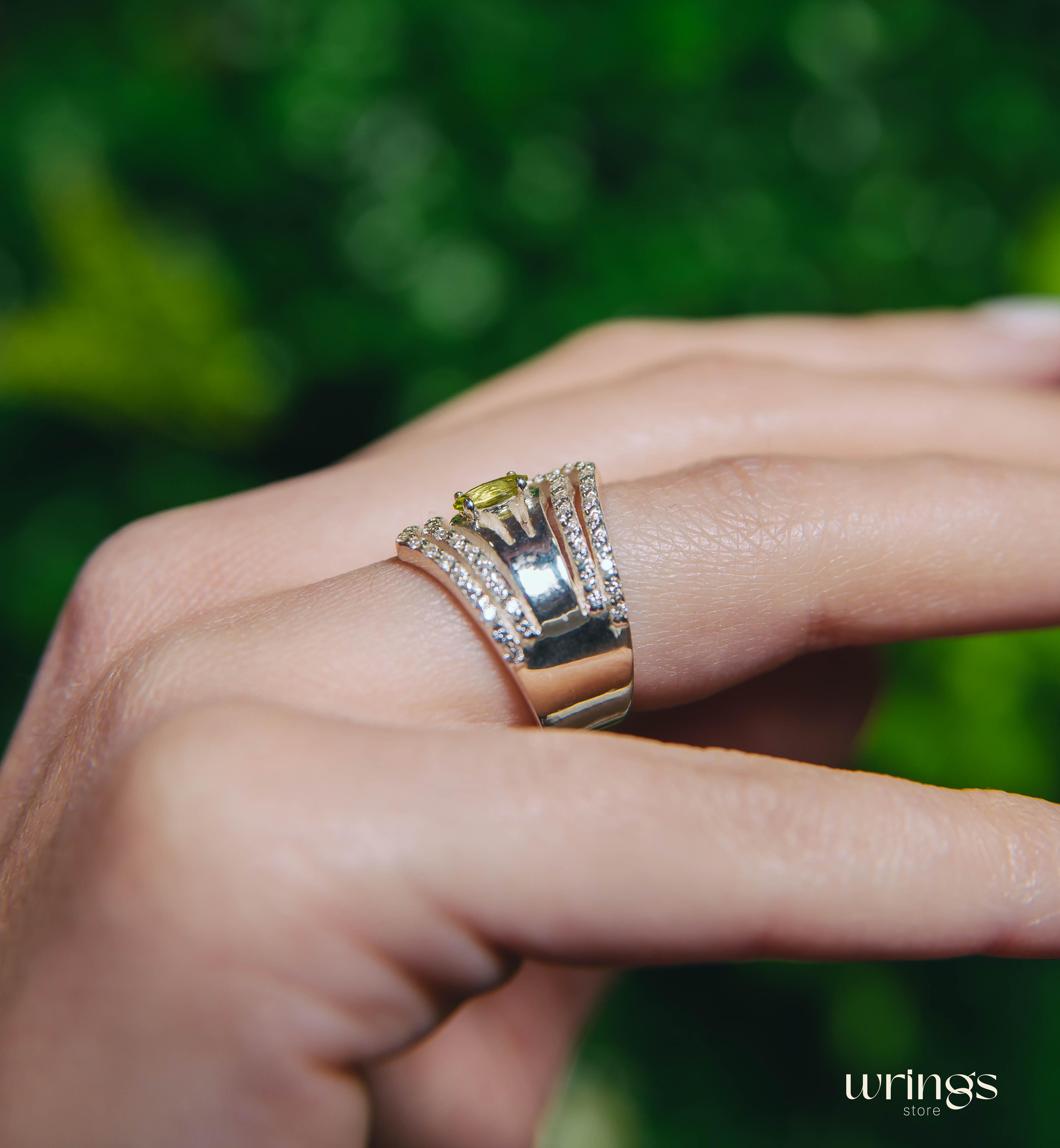 Wide Double Chevron Statement Ring Peridot & Diamonds