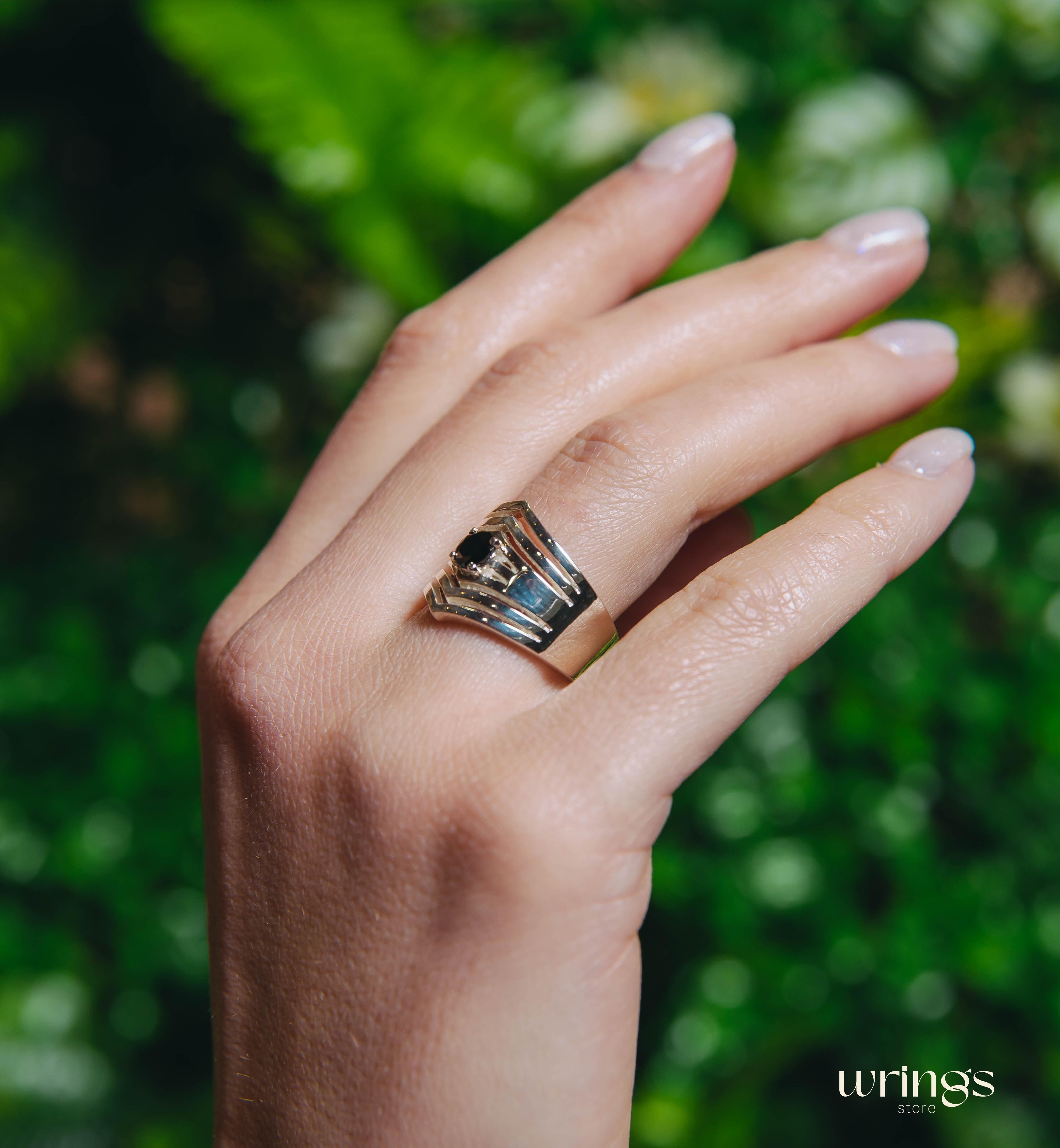 Extra Wide Silver Chevron Band Simulated Black Diamond