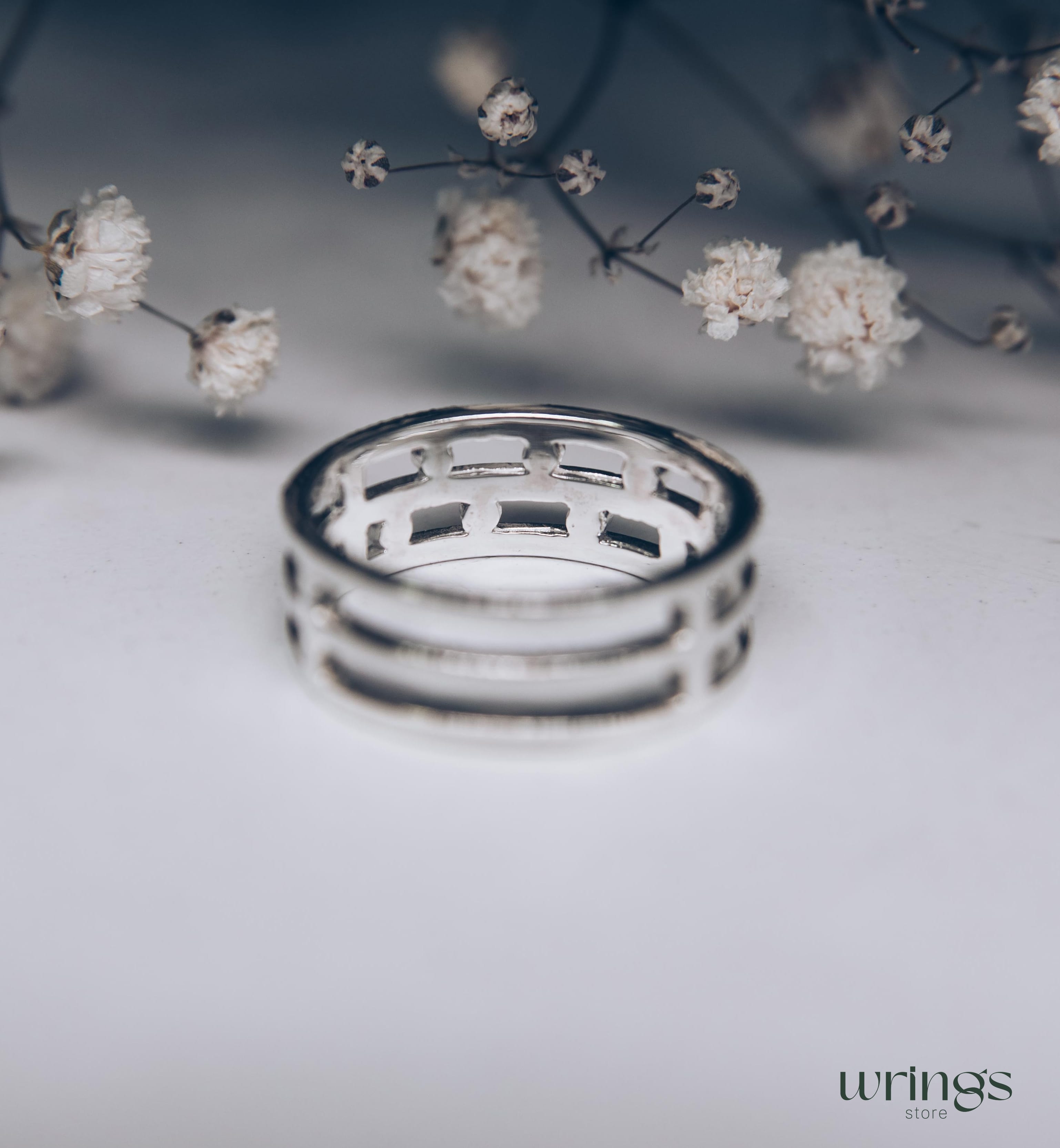 Silver Wedding Band Garnets and Dots Modern Style