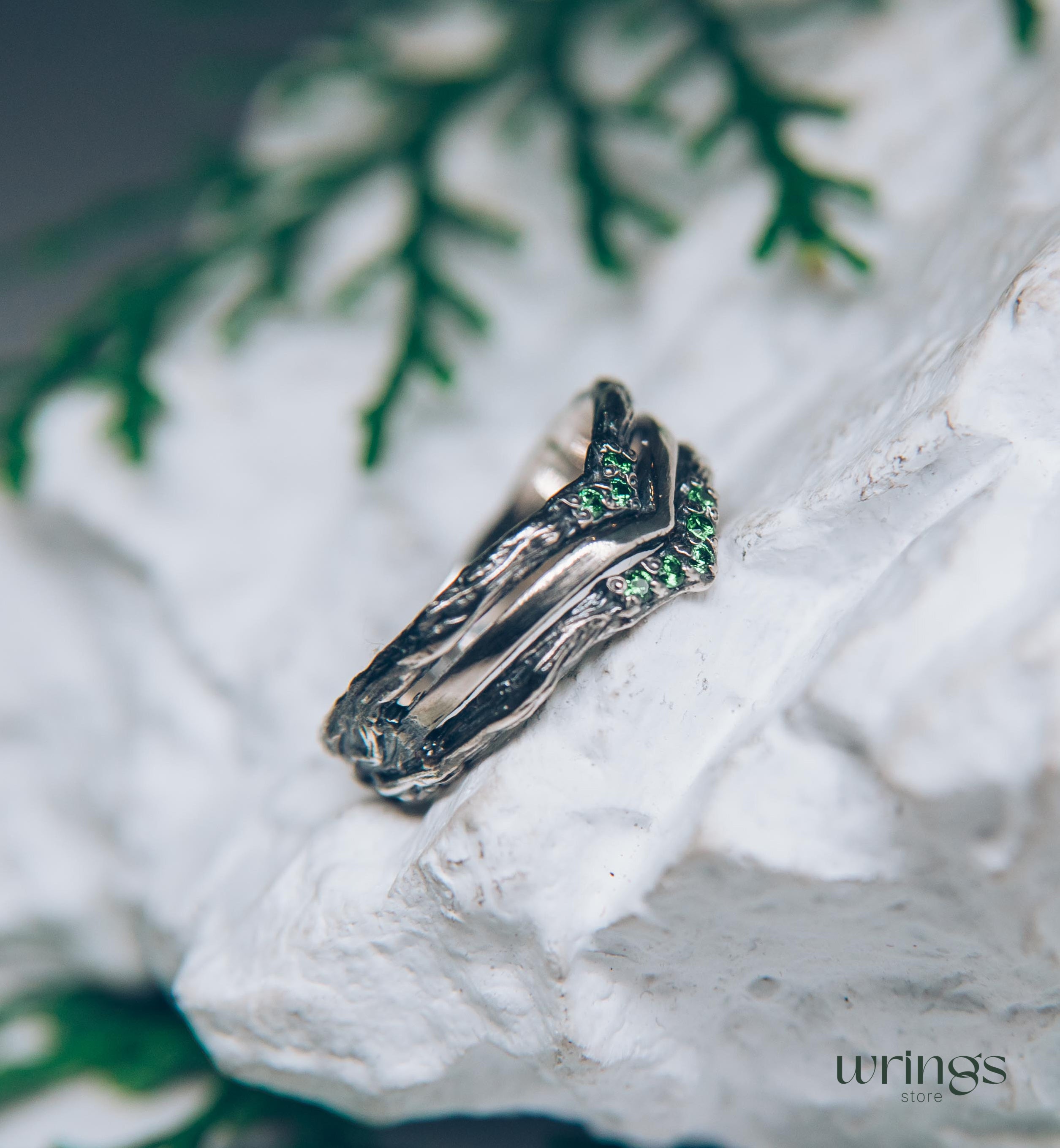 Silver Chevron Wedding Ring with Cute Tiny Emeralds