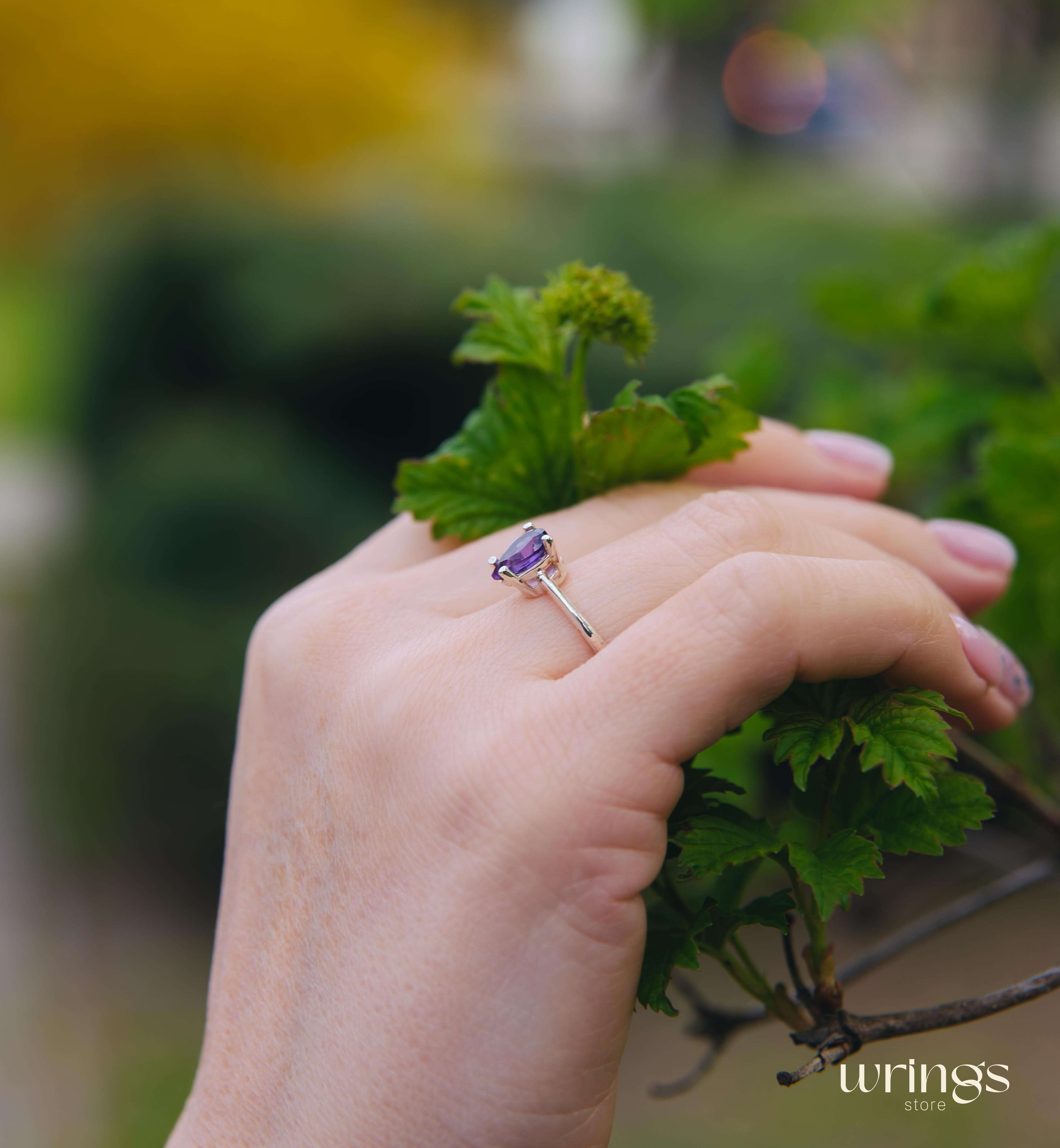 Large Pear Cut Amethyst Solitaire Engagement Ring Silver